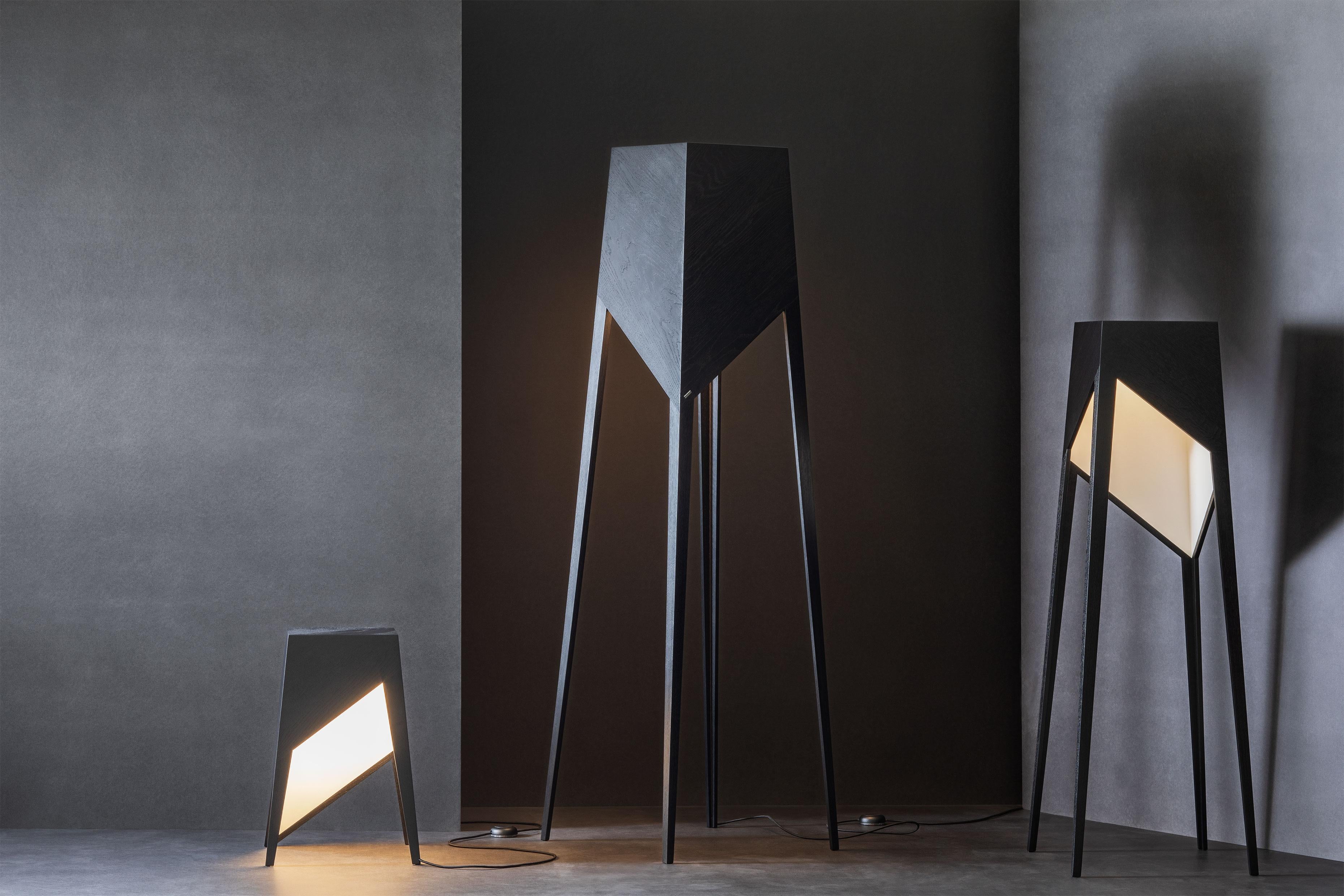 Set of 3 Luise floor lamp by Matthias Scherzinger
Dimensions: L 185 x 55 cm
 M 140 x 48 cm
 S 58 x 39 cm
Materials: oak: black stained hard wax
All our lamps can be wired according to each country. If sold to the USA it will be wired for the