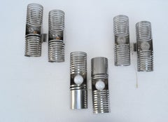 Set of 3 Machine Age Chrome Coil Shape 2 Light Sconces, Wall Lamps, France, 1970