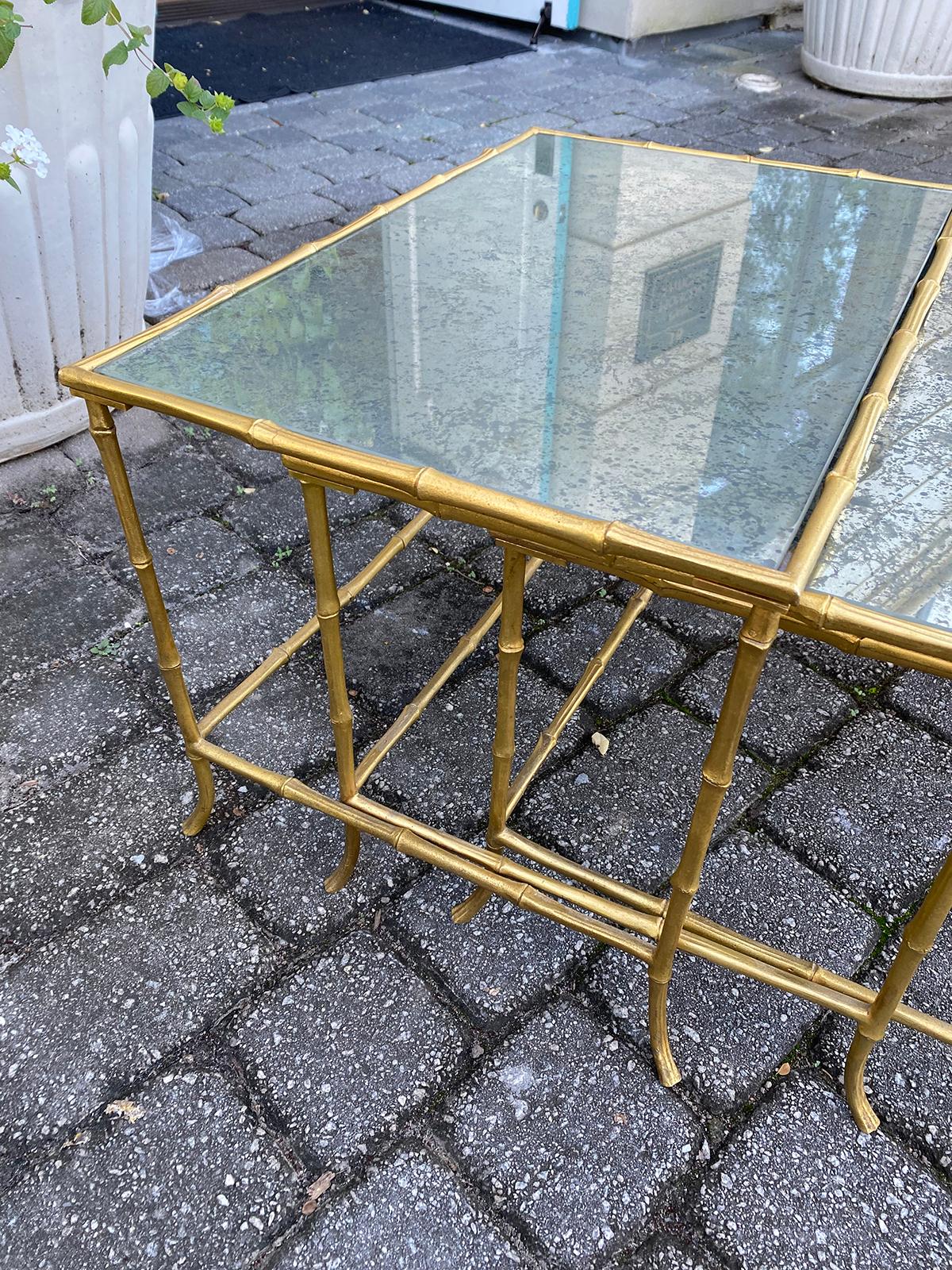 Set of 3 Maison Baguès Style Bronze Faux Bamboo Nesting Tables with Mirror Tops For Sale 8