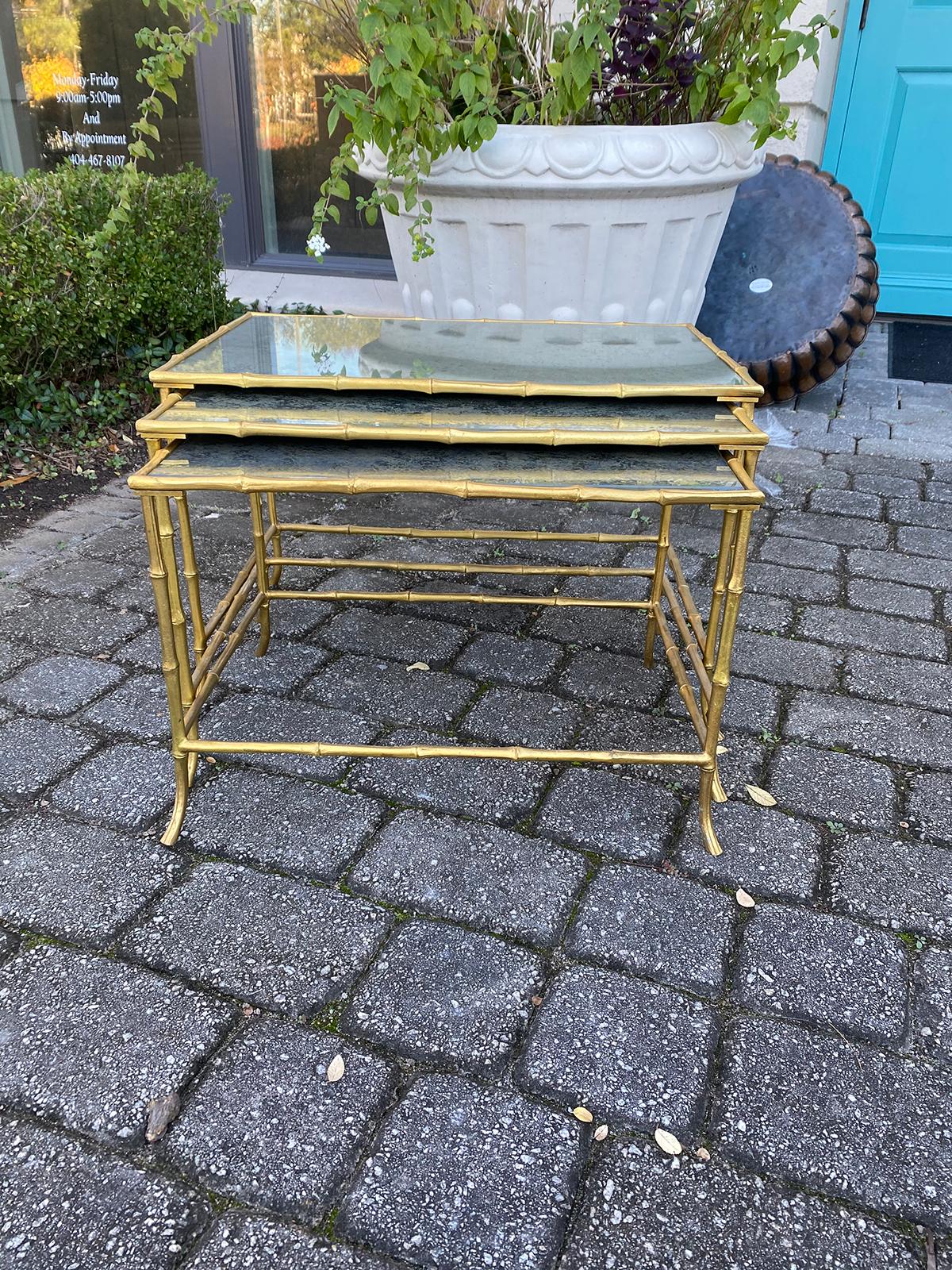 Set of 3 Maison Baguès Style Bronze Faux Bamboo Nesting Tables with Mirror Tops In Good Condition For Sale In Atlanta, GA