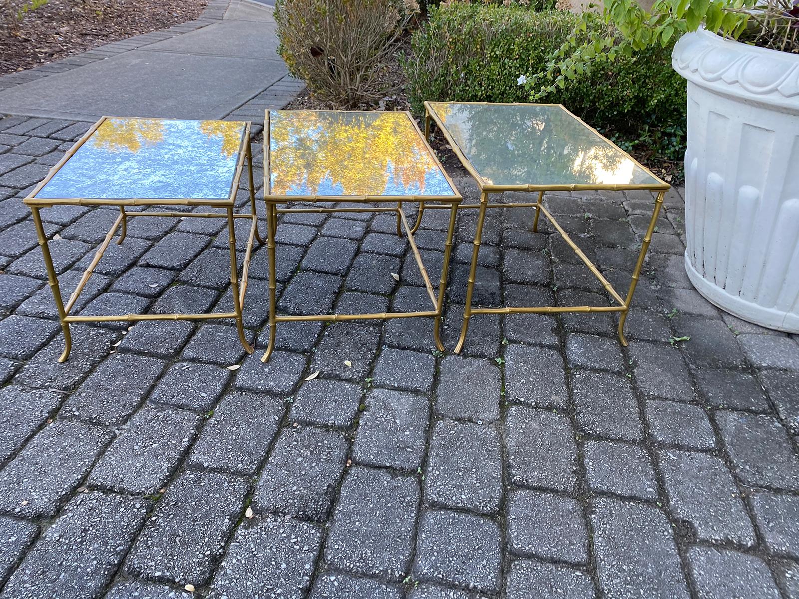 20th Century Set of 3 Maison Baguès Style Bronze Faux Bamboo Nesting Tables with Mirror Tops For Sale
