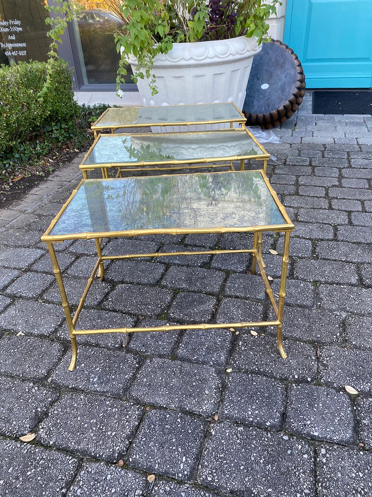 Set of 3 Maison Baguès Style Bronze Faux Bamboo Nesting Tables with Mirror Tops For Sale 3