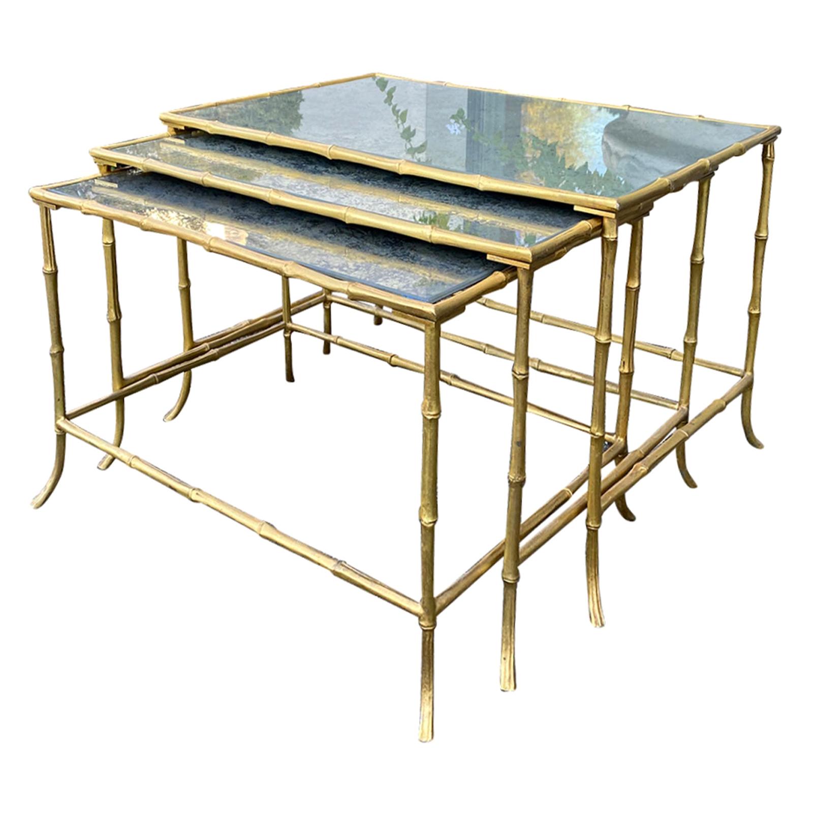Set of 3 Maison Baguès Style Bronze Faux Bamboo Nesting Tables with Mirror Tops For Sale
