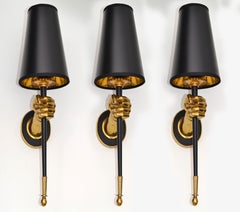 Set of 3 Maison Jansen French Bronze Hand Sconces Black Torch Mid-Century Modern