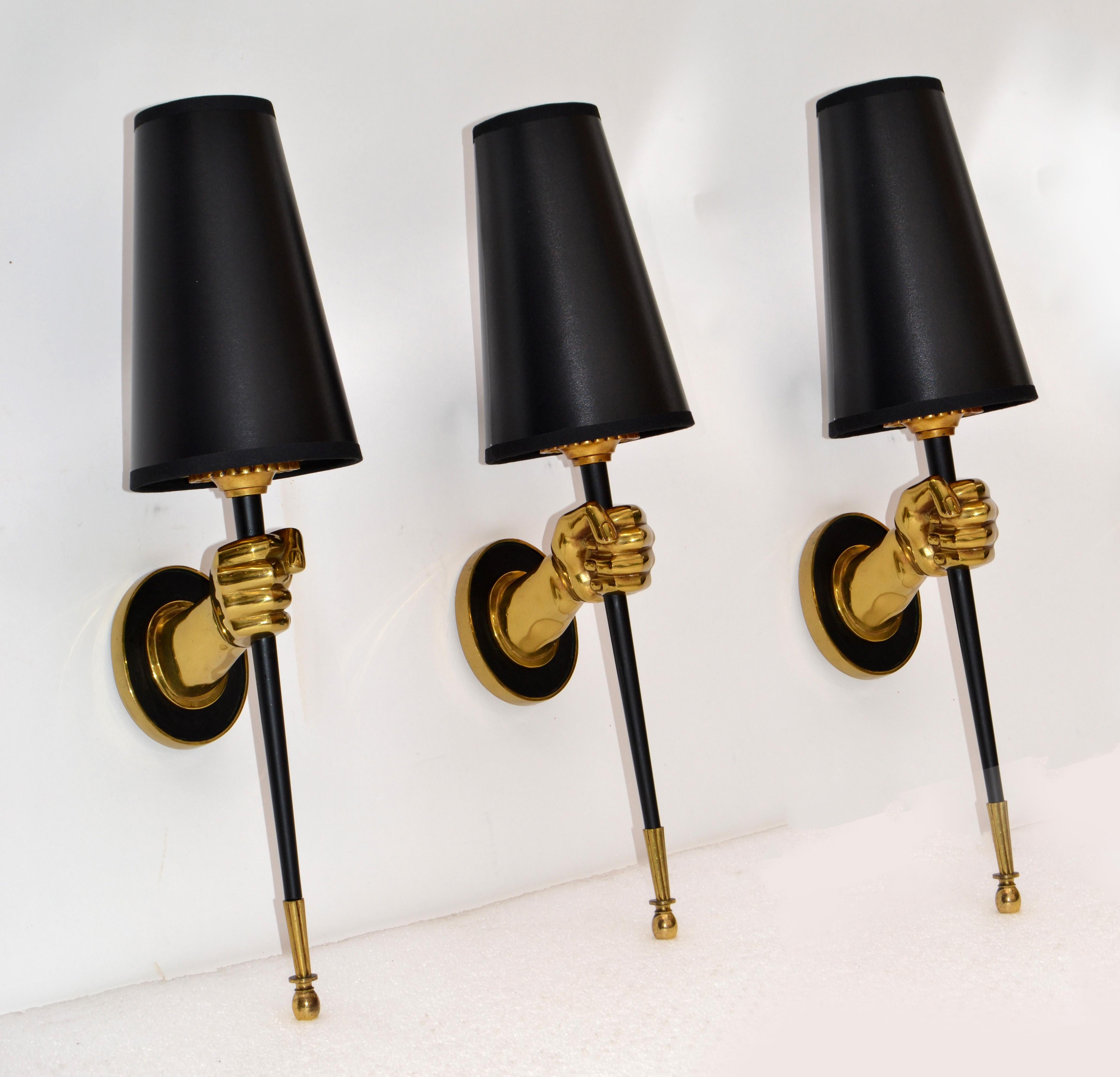 Hand-Crafted Set of 3 Maison Jansen French Bronze Hand Sconces Black Torch Mid-Century Modern For Sale