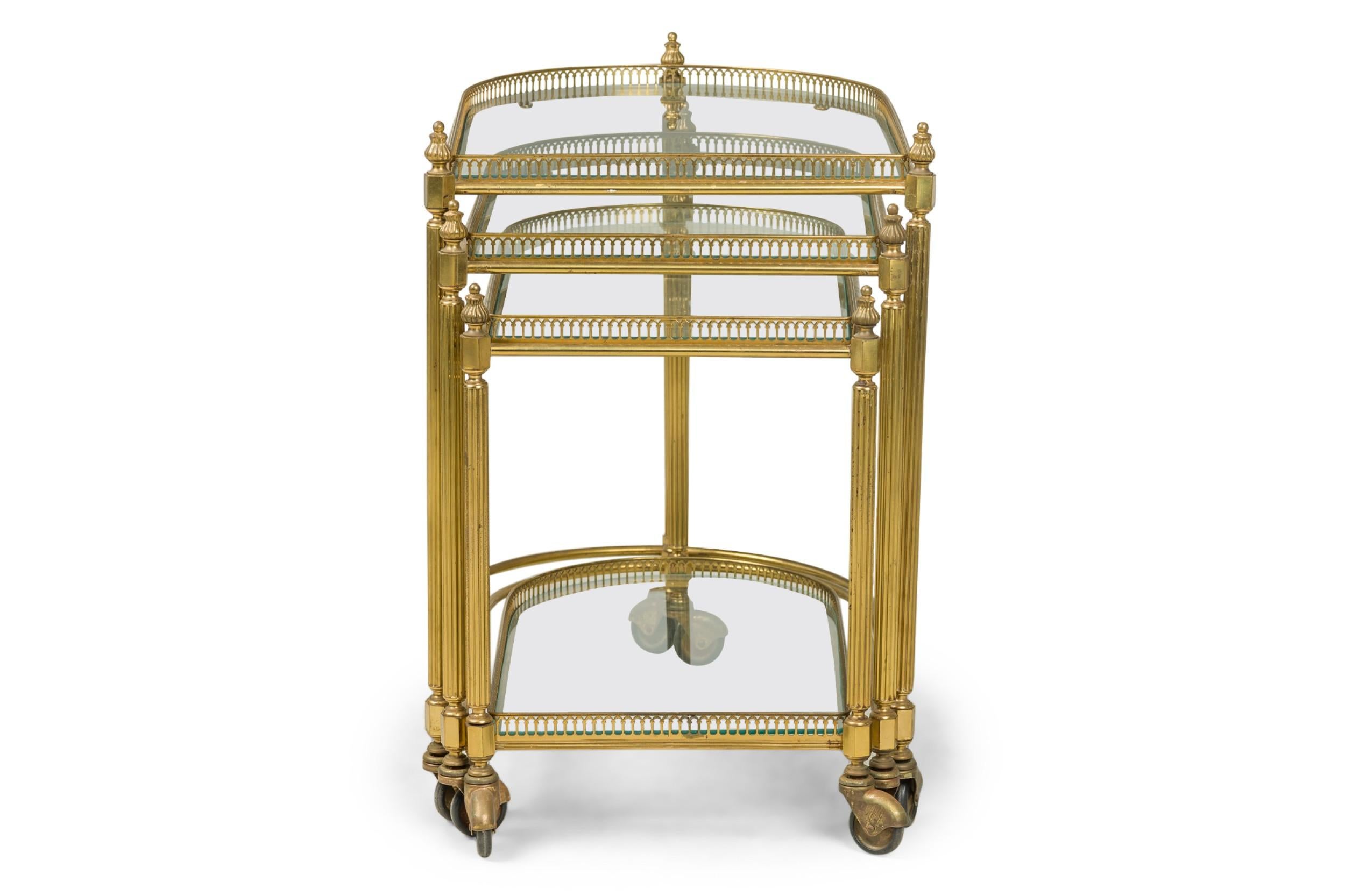 20th Century Set of 3 Maison Jansen Mid-Century French Brass Rolling Nesting Tables For Sale