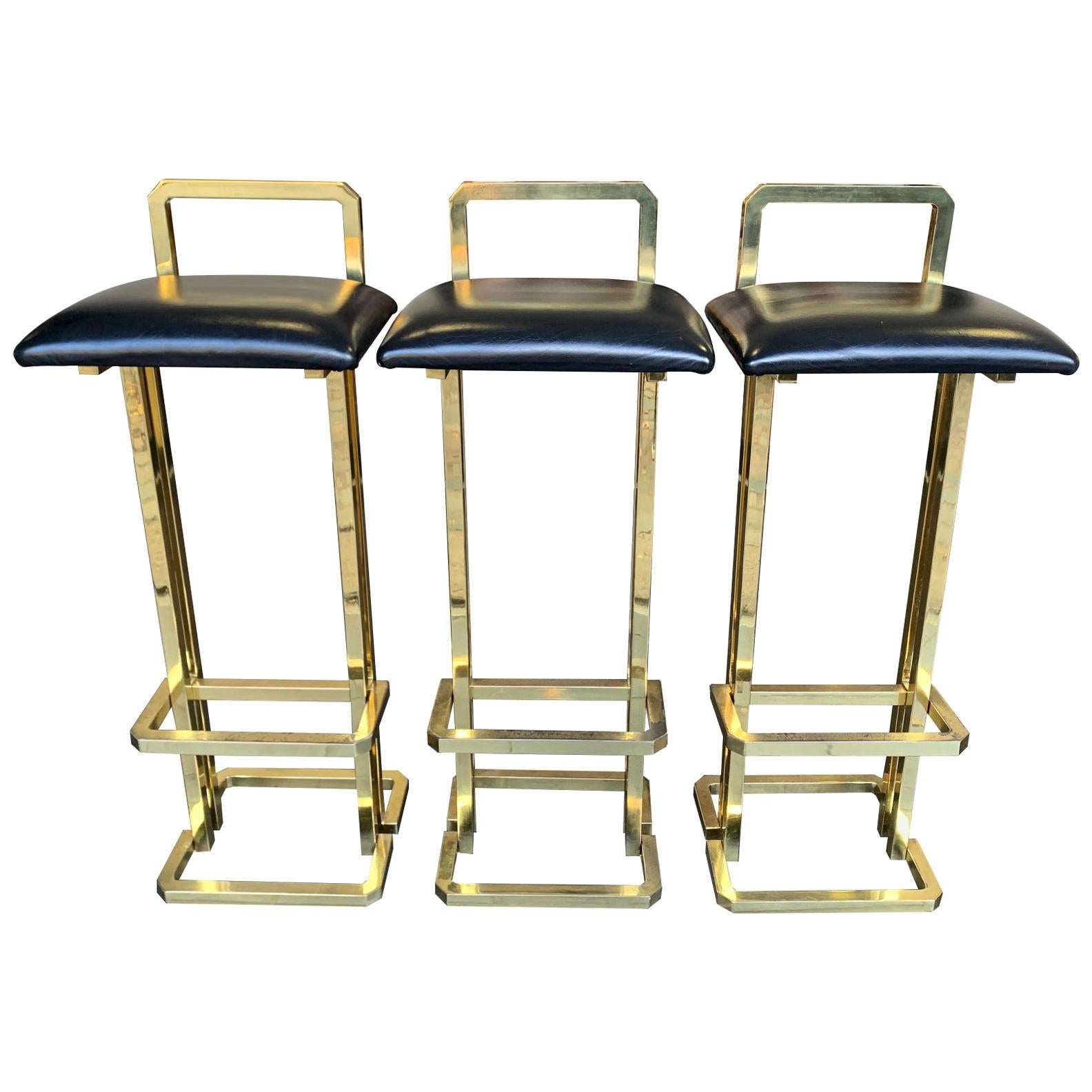 Set of 3 Maison Jansen Style Gilt Metal Stools with Black Leather Seat Pads For Sale