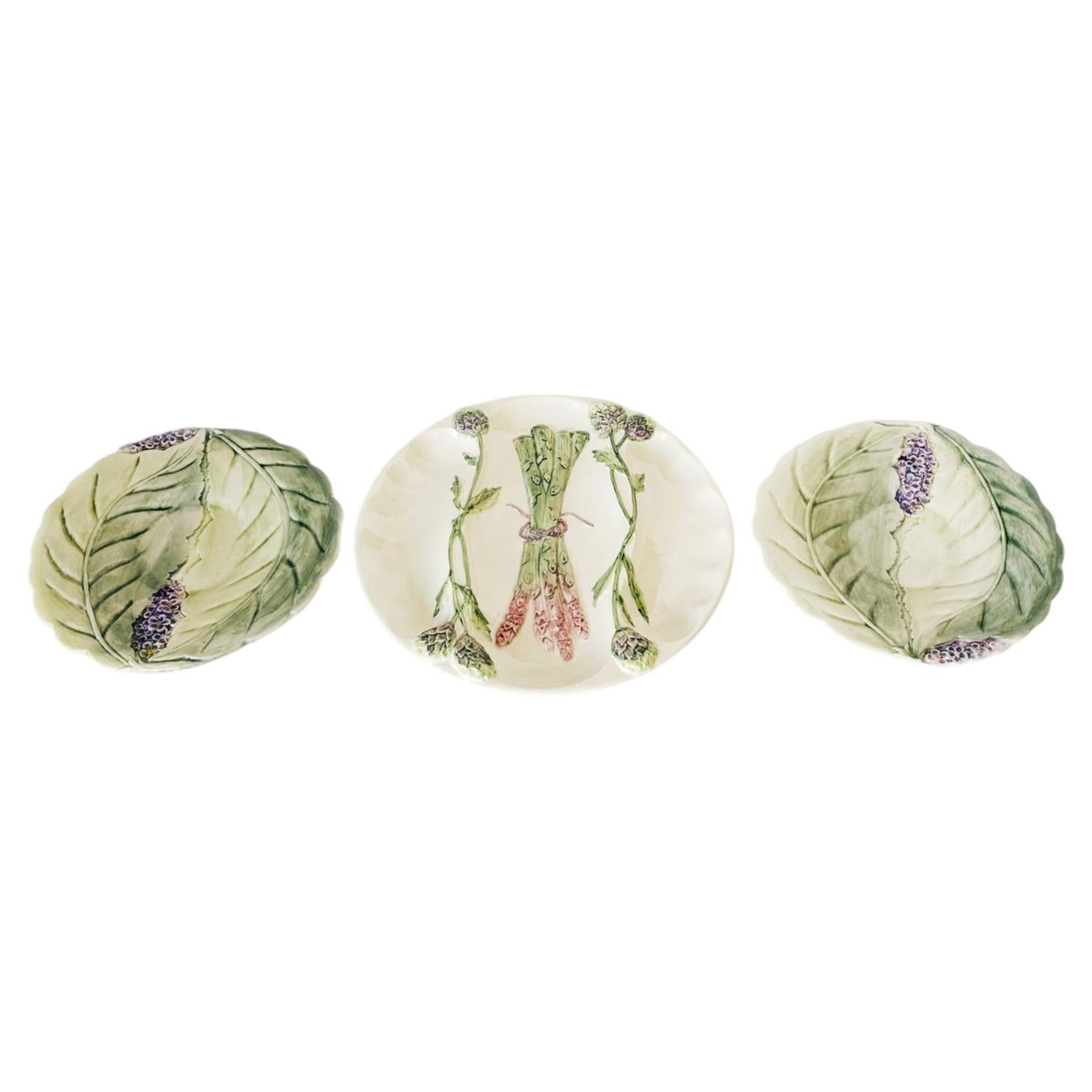 Set of 3 Majolica and Porcelain plates, France, 1960