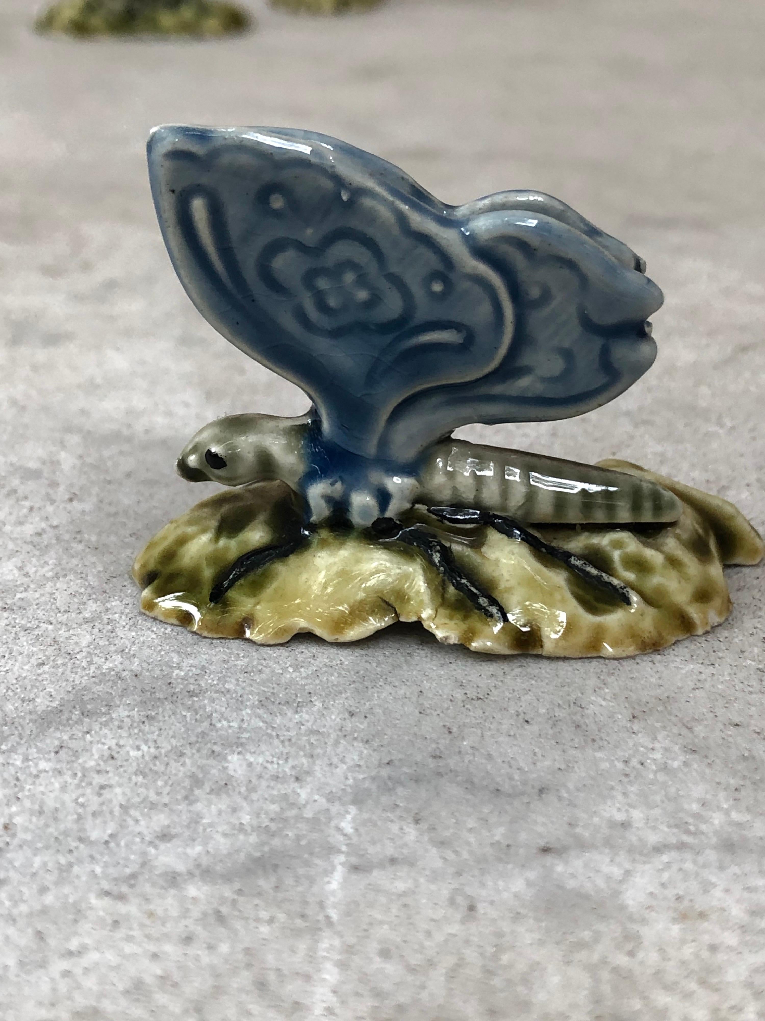 Very rare set of 3 Majolica Butterflies place card holder or menu holder signed Choisy Le Roi circa 1880.
