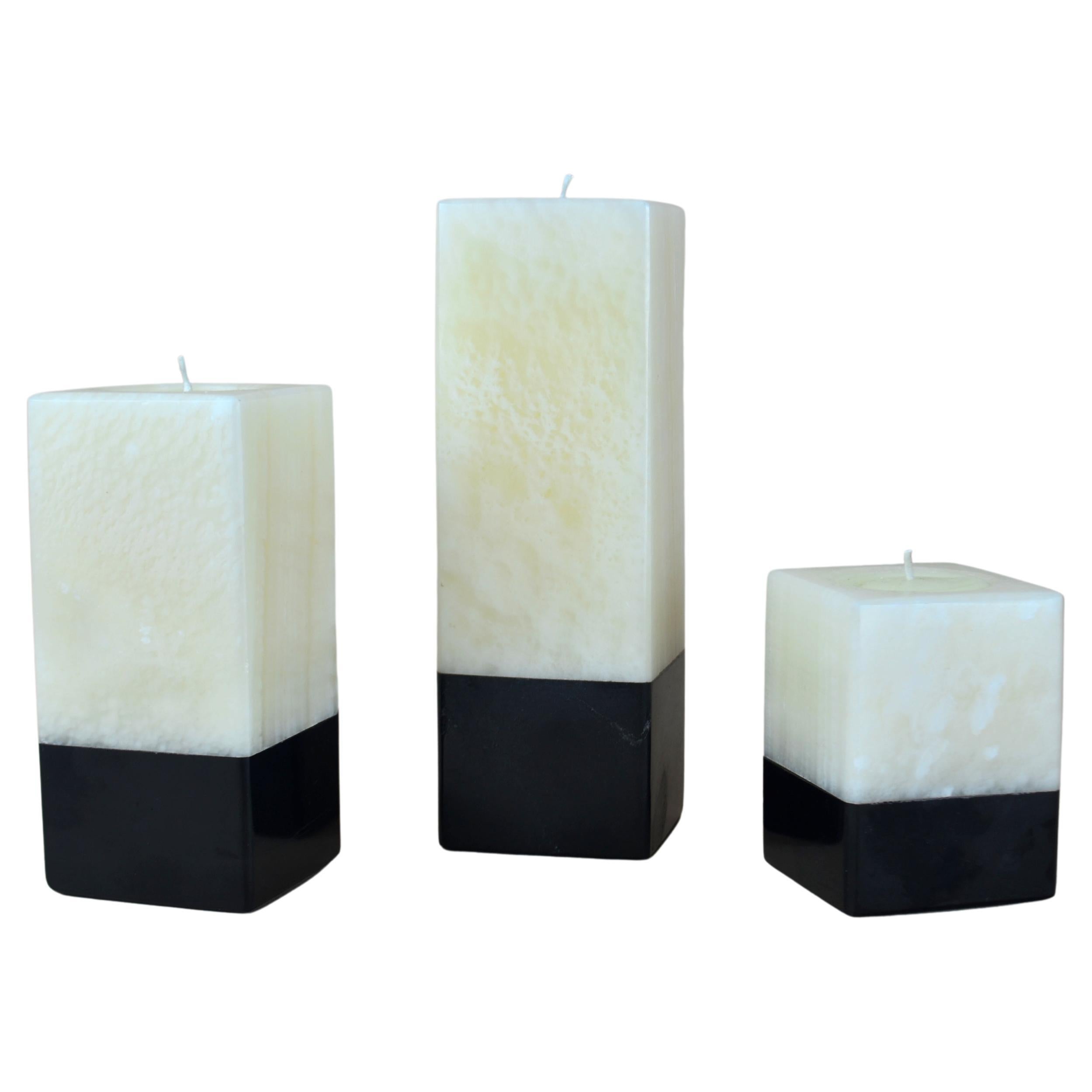 Set of 3 Manually Carved Onyx Candle Holders with Black Base For Sale