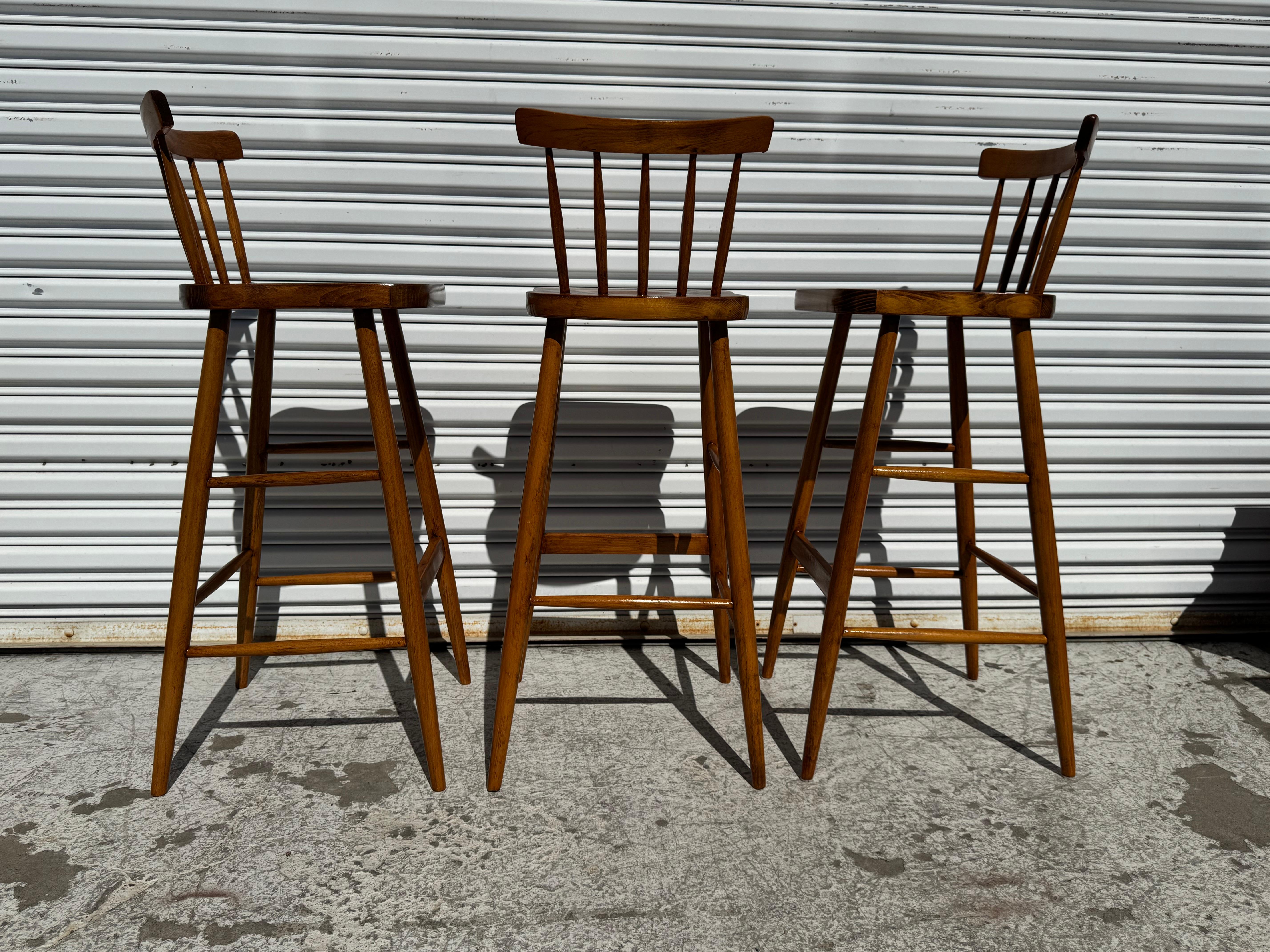 American Set of 3 Maple Spindle Back Barstools For Sale
