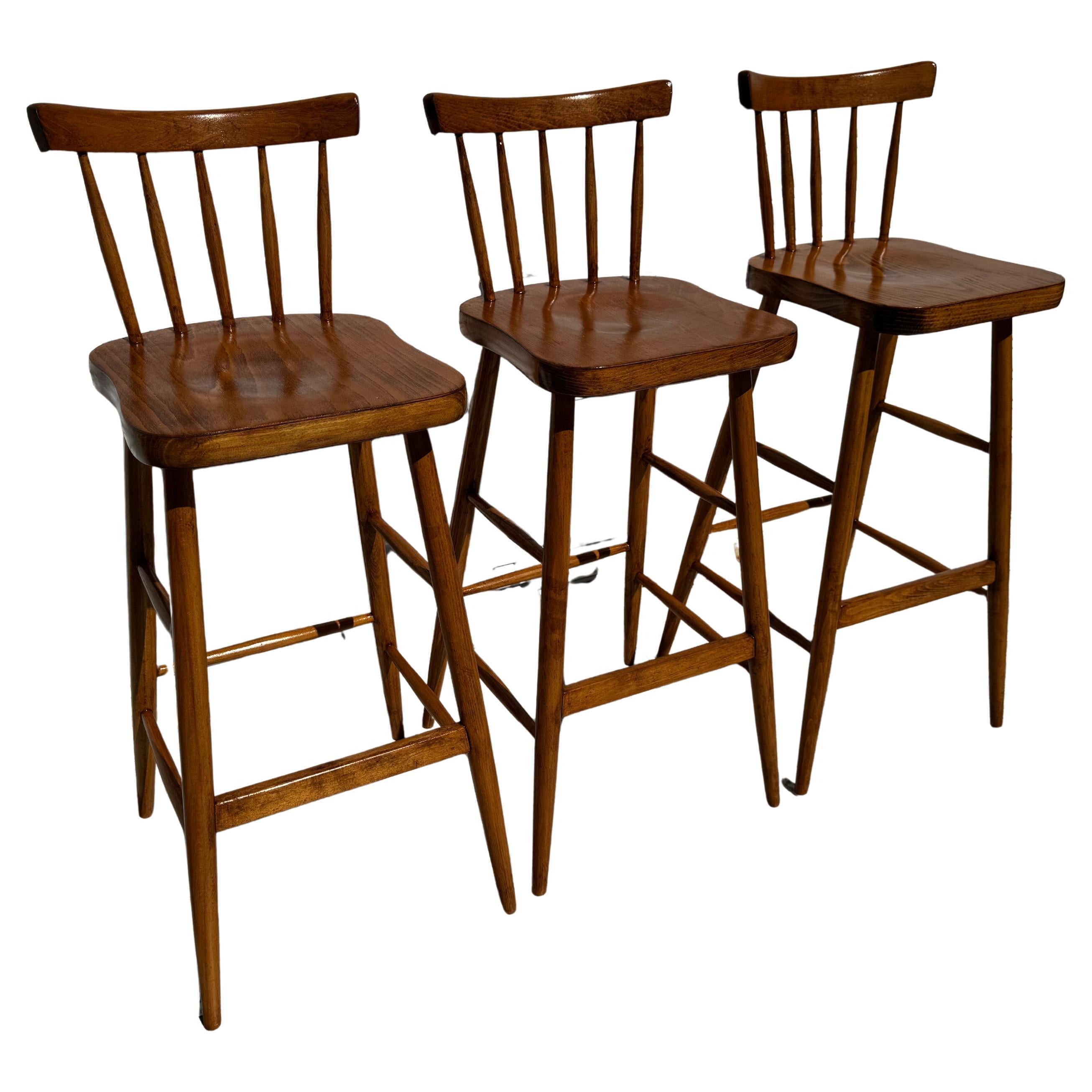 Set of 3 Maple Spindle Back Barstools For Sale