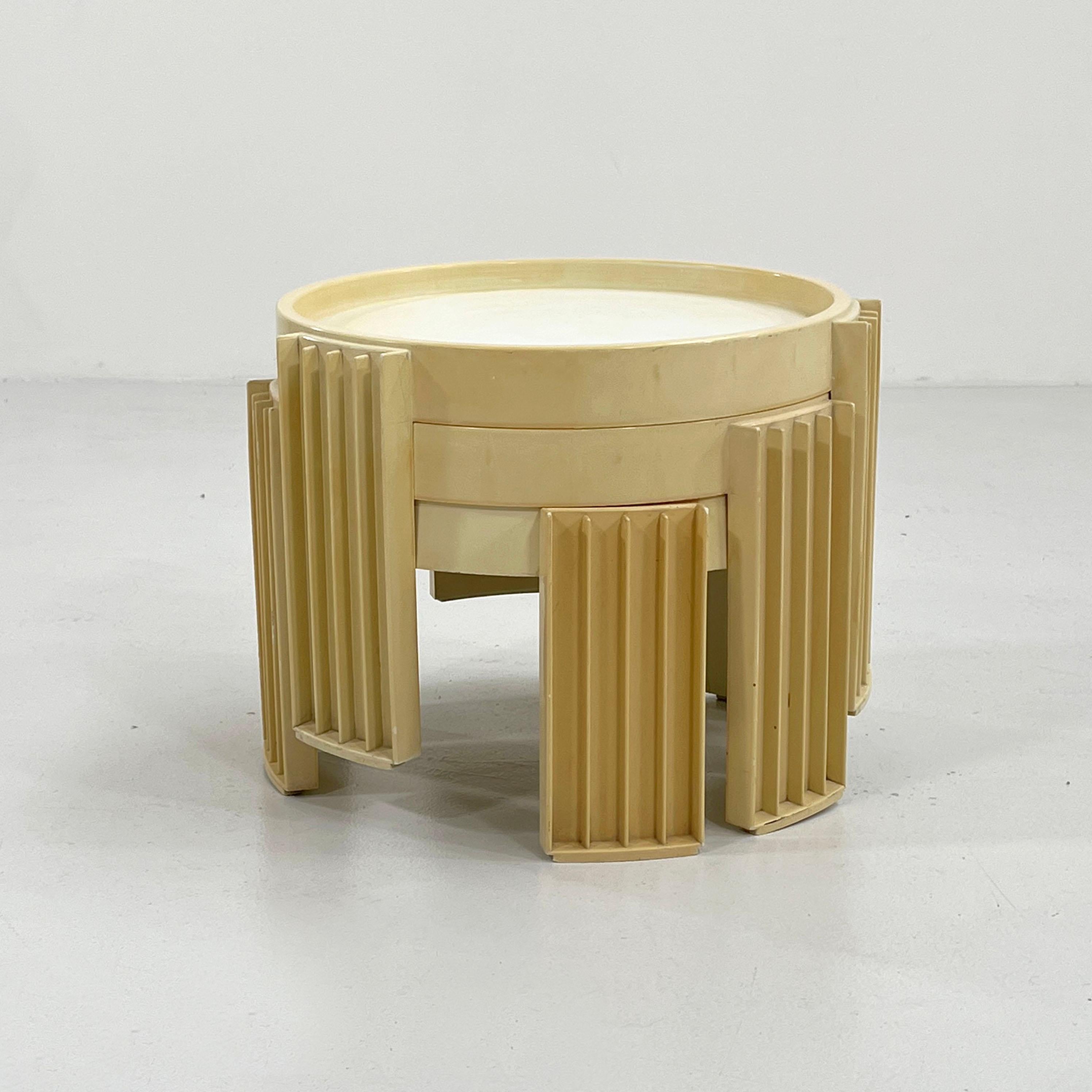 Designer - Gianfranco Frattini
Producer - Cassina 
Model - Marema Stacking Tables
Design Period - Sixties
Measurements - Width 43 cm x Depth 43 cm x Height 23 / 28 cm 
Materials - Plastic
Color - Cream
Condition - Good 
Comments - In their own