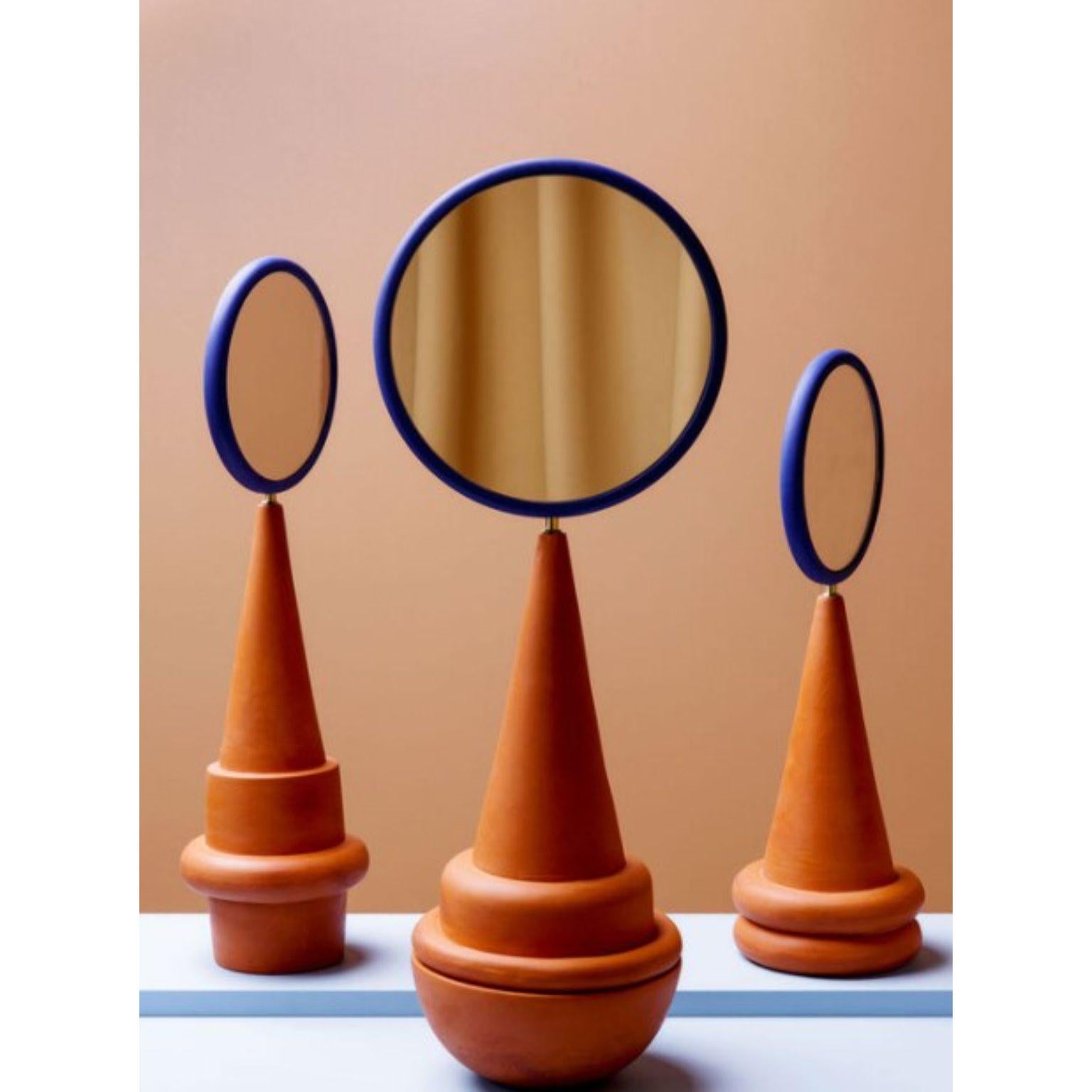Set of 3 Marrakesh table mirrors by Tero KuitunenMaterial: slip cast terracotta, Mdf, chalk paint, mirror, brass.
Dimensions: D30 x H58 cm, D20 x 53cm , D20 x H40 cm
Edition of 8
Also Available : different colours (Blue,Brown) and different