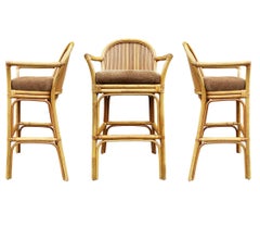Set of 3 Matching Mid-Century Modern Rattan or Bamboo Bar Stools