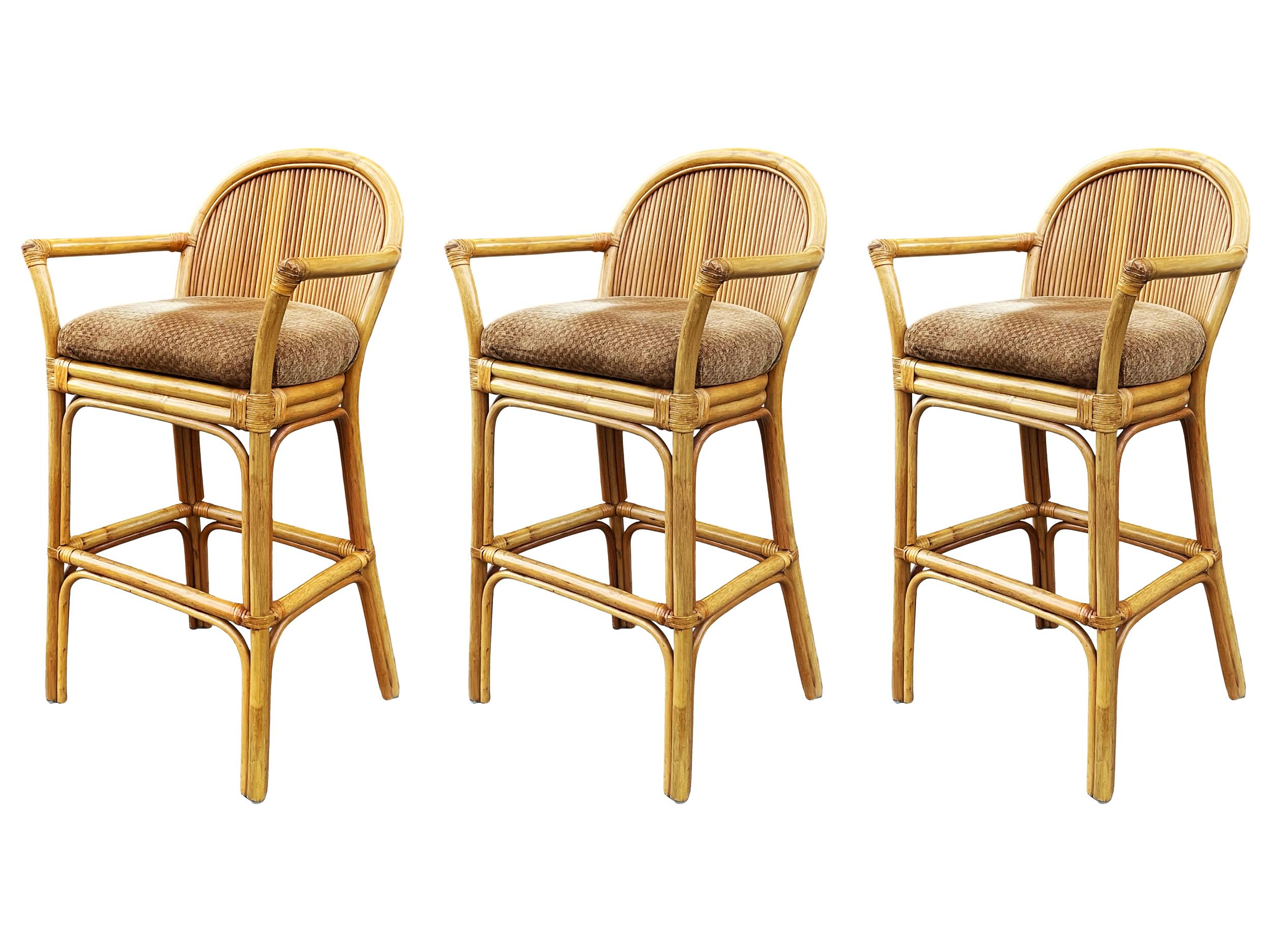 American Set of 3 Matching Mid-Century Modern Rattan or Bamboo Bar Stools For Sale