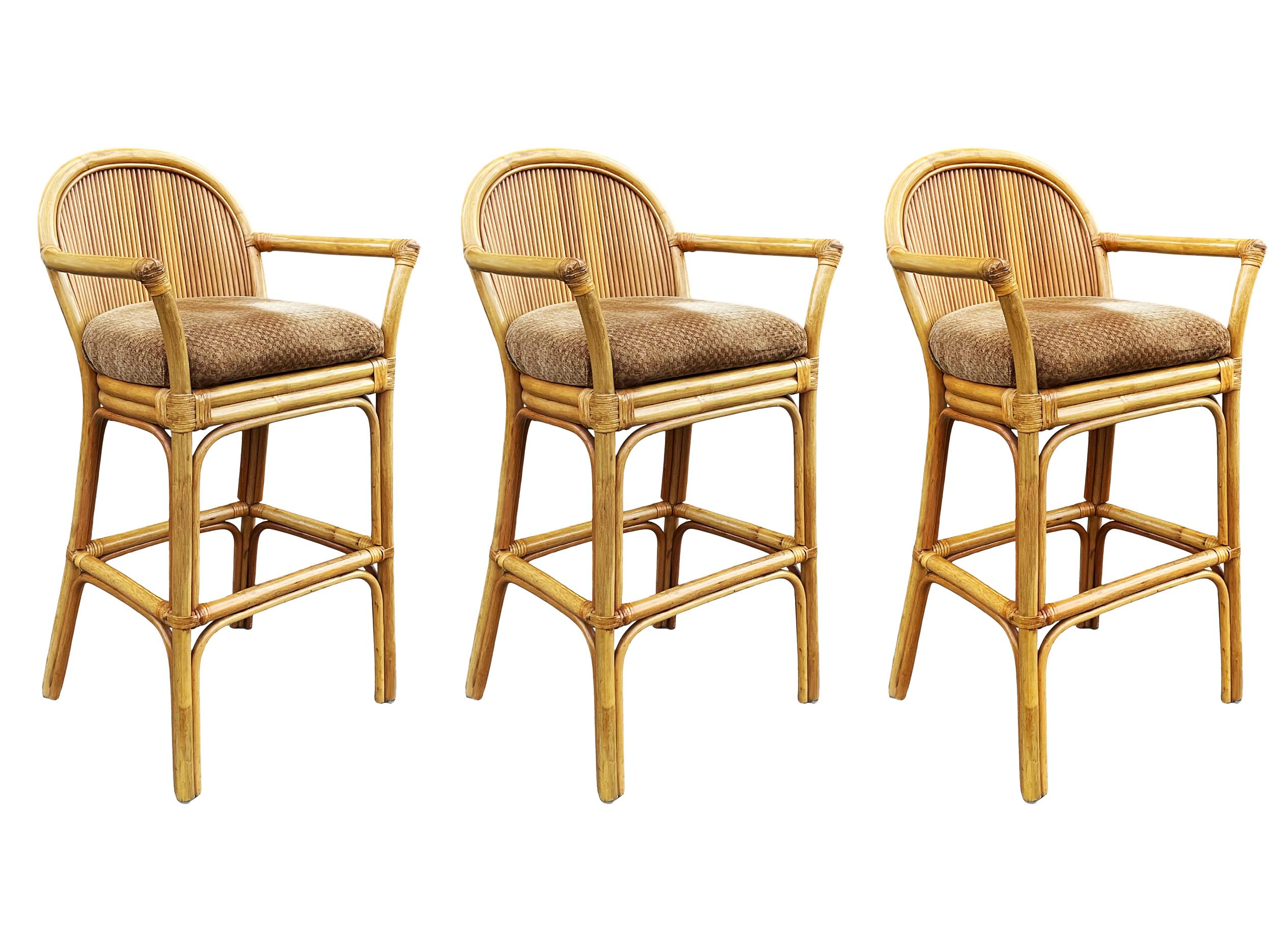 Fabric Set of 3 Matching Mid-Century Modern Rattan or Bamboo Bar Stools For Sale