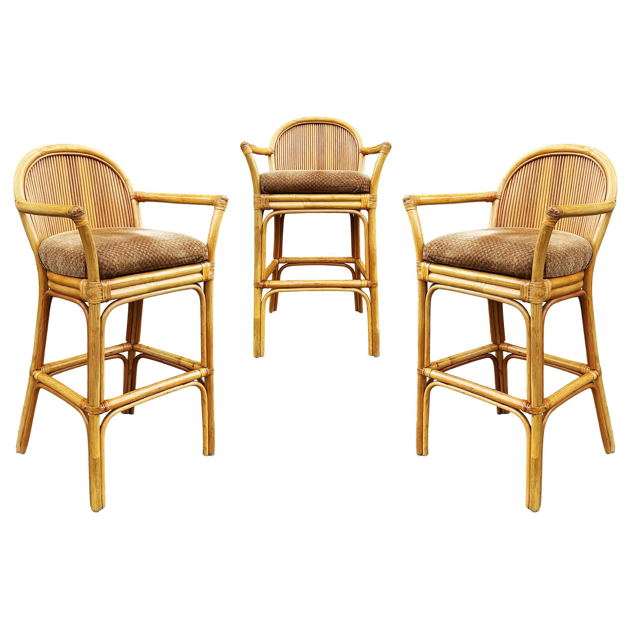 Set of 3 Matching Mid-Century Modern Rattan or Bamboo Bar Stools