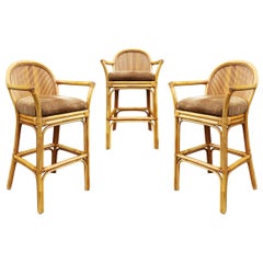 Set of 3 Matching Mid-Century Modern Rattan or Bamboo Bar Stools