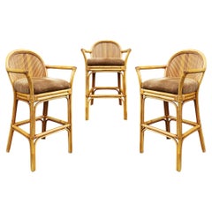 Vintage Set of 3 Matching Mid-Century Modern Rattan or Bamboo Bar Stools