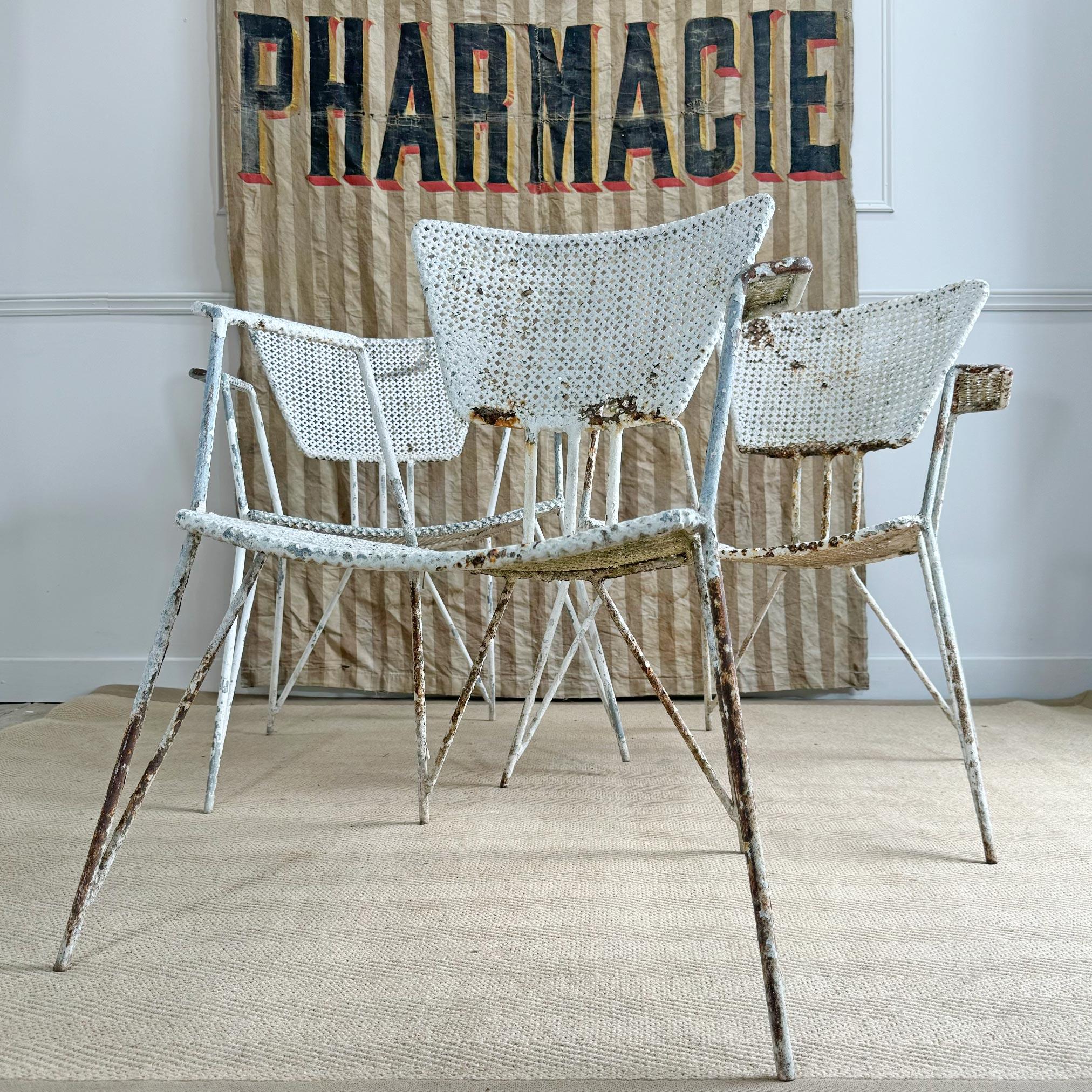 A beautifully designed set of exterior chairs attributed to Mathieu Matégot (1910 – 2001), each with perforated steel backs, seat and arm rests set on tubular steel frames. Dating to the 1950’s, these outstanding chairs radiate with style.

Matégot