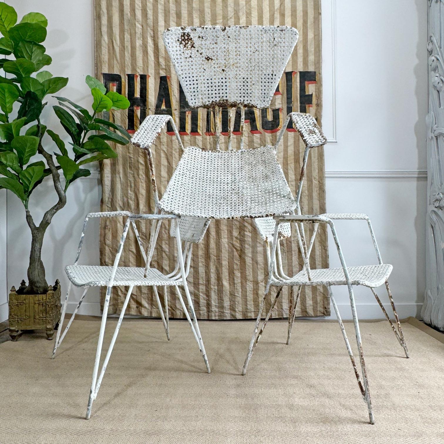 French Set of 3 Mathieu Matégot Perforated Sheet and Tubular Metal Chairs For Sale