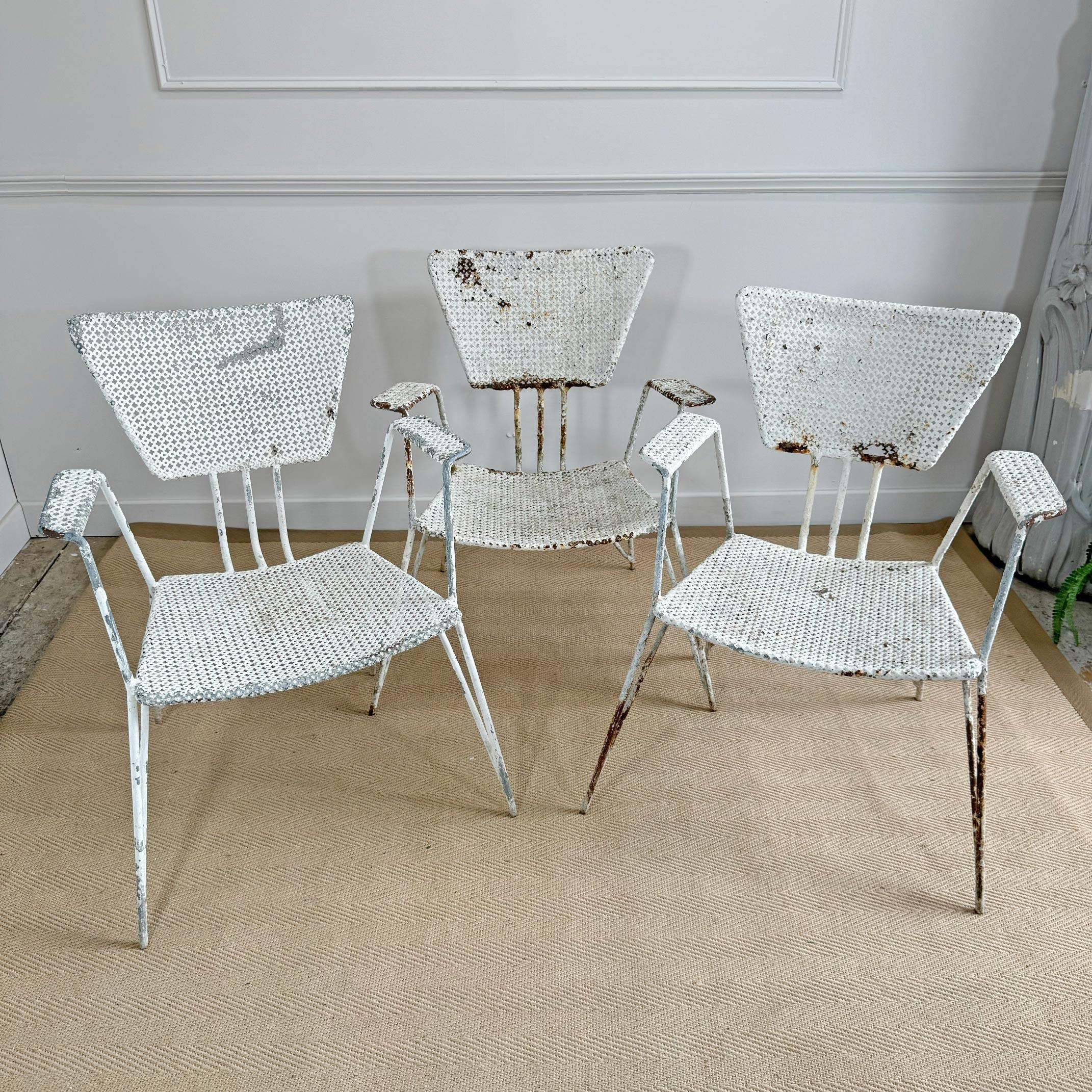 Set of 3 Mathieu Matégot Perforated Sheet and Tubular Metal Chairs In Fair Condition For Sale In Hastings, GB