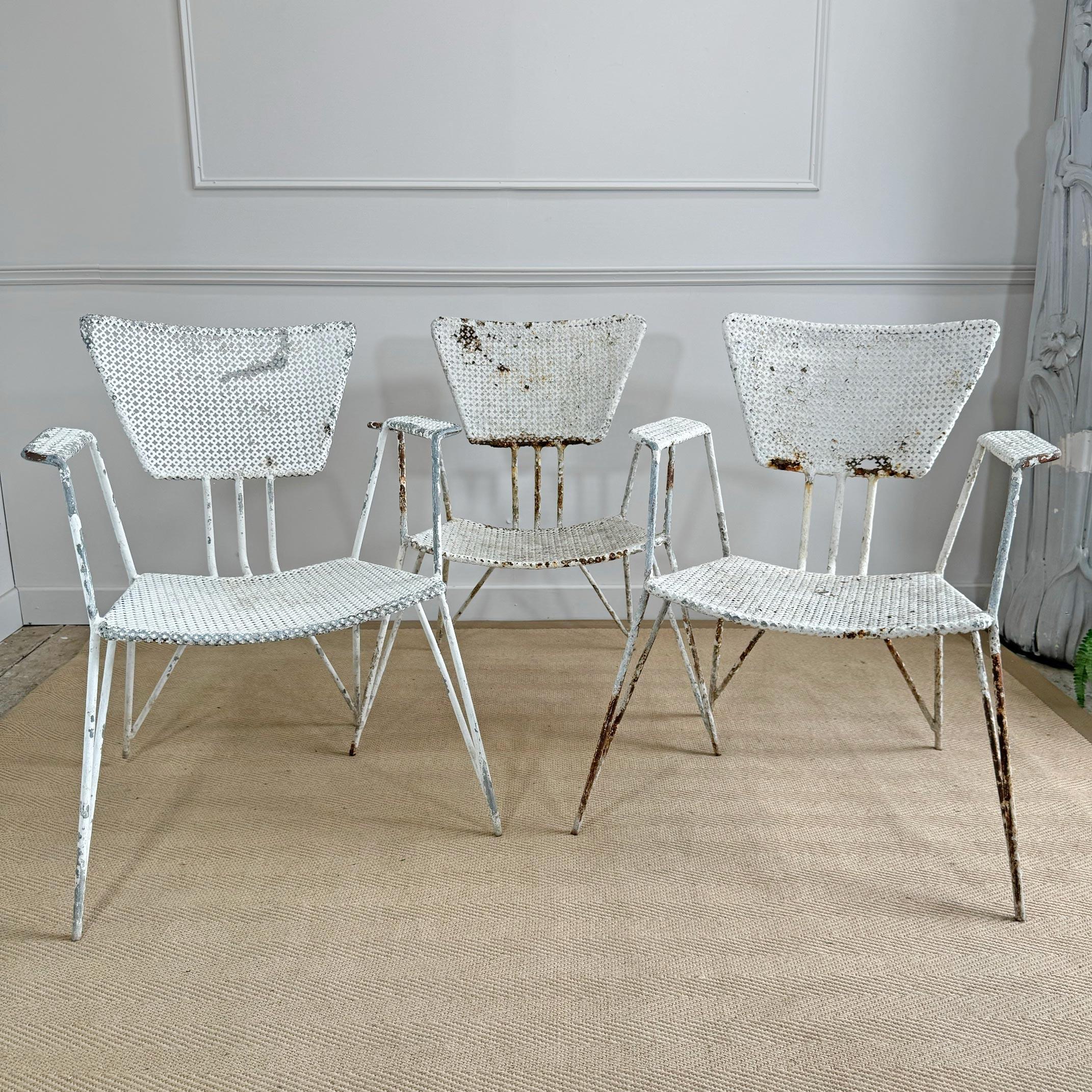 Set of 3 Mathieu Matégot Perforated Sheet and Tubular Metal Chairs For Sale 2