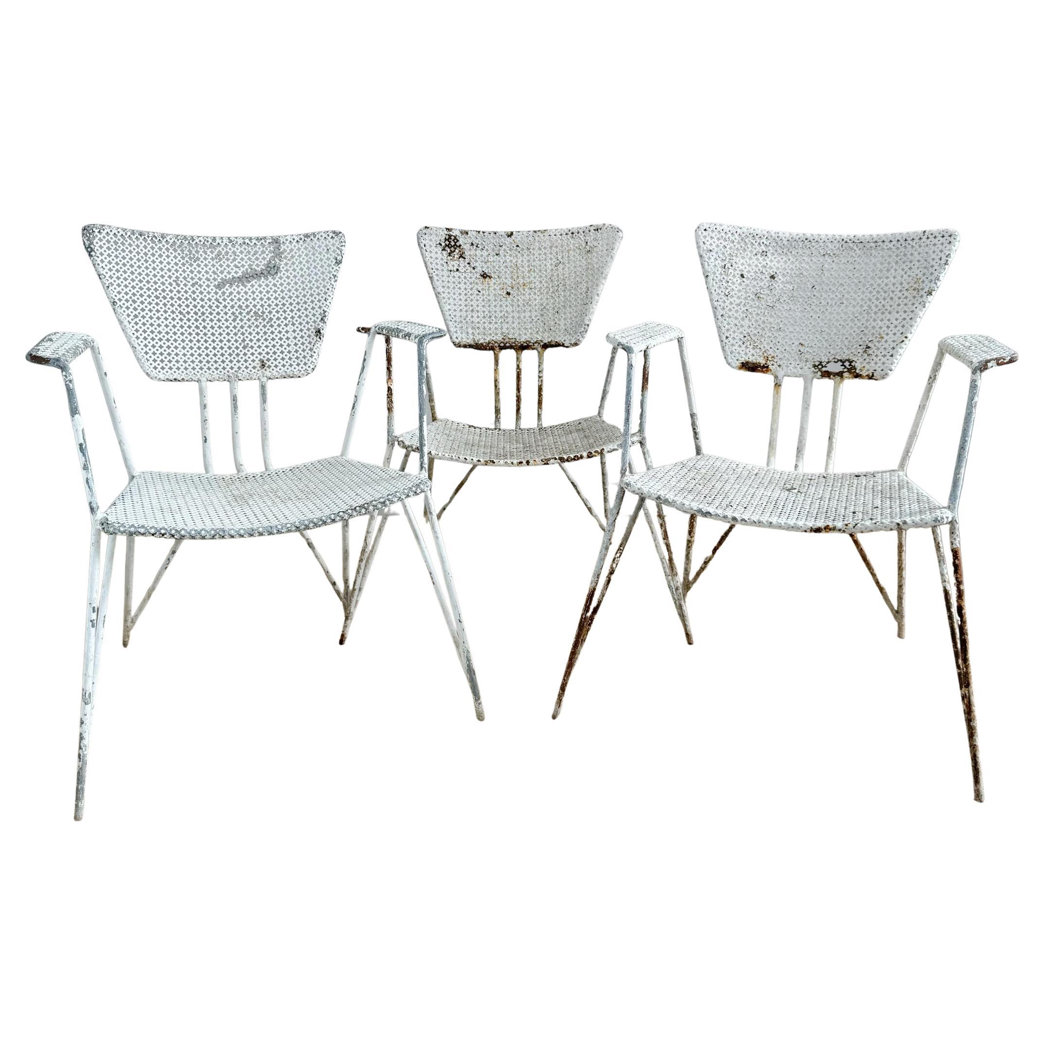 Set of 3 Mathieu Matégot Perforated Sheet and Tubular Metal Chairs For Sale