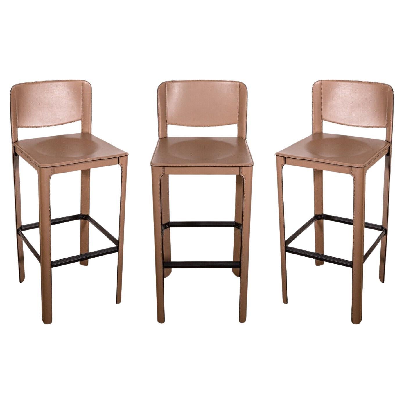 Set of 3 Matteo Grassi 1970s Post Modern Beige Italian Leather Barstools For Sale