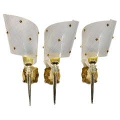 Set of 3 MCM Brass & Lucite Wall Sconces by Pierre Guariche for Luminai