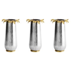 Set of 3 Medium Contemporary Silver Metal and Gold Sunflower Vase