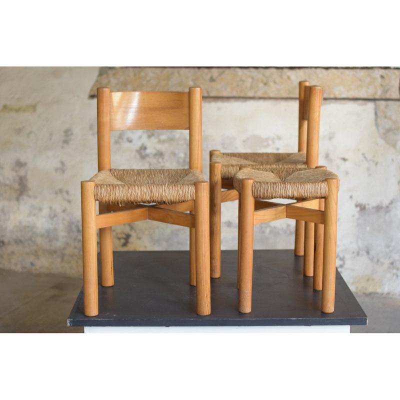 Set of 3 Meribel Chairs and Stool by Charlotte Perriand, 1960s For Sale 5