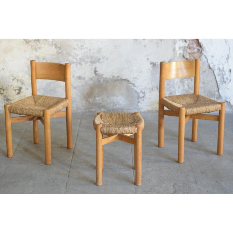 Set of 3 Meribel Chairs and Stool by Charlotte Perriand, 1960s For Sale 6