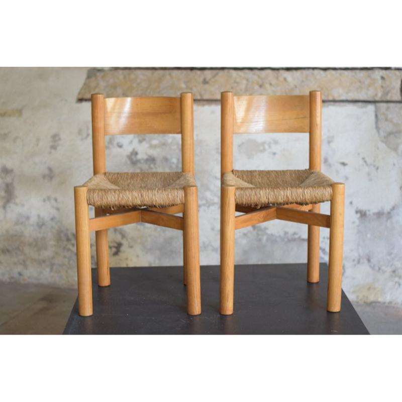 Set of 3 Meribel Chairs and Stool by Charlotte Perriand, 1960s In Excellent Condition For Sale In Andrézieux-Bouthéon, FR