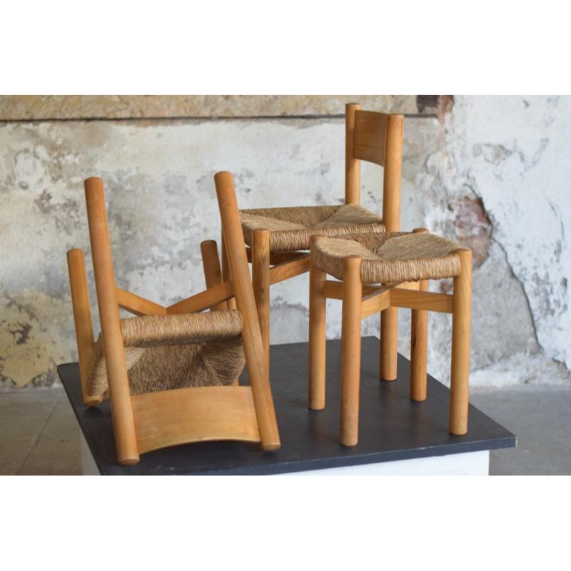 Straw Set of 3 Meribel Chairs and Stool by Charlotte Perriand, 1960s For Sale