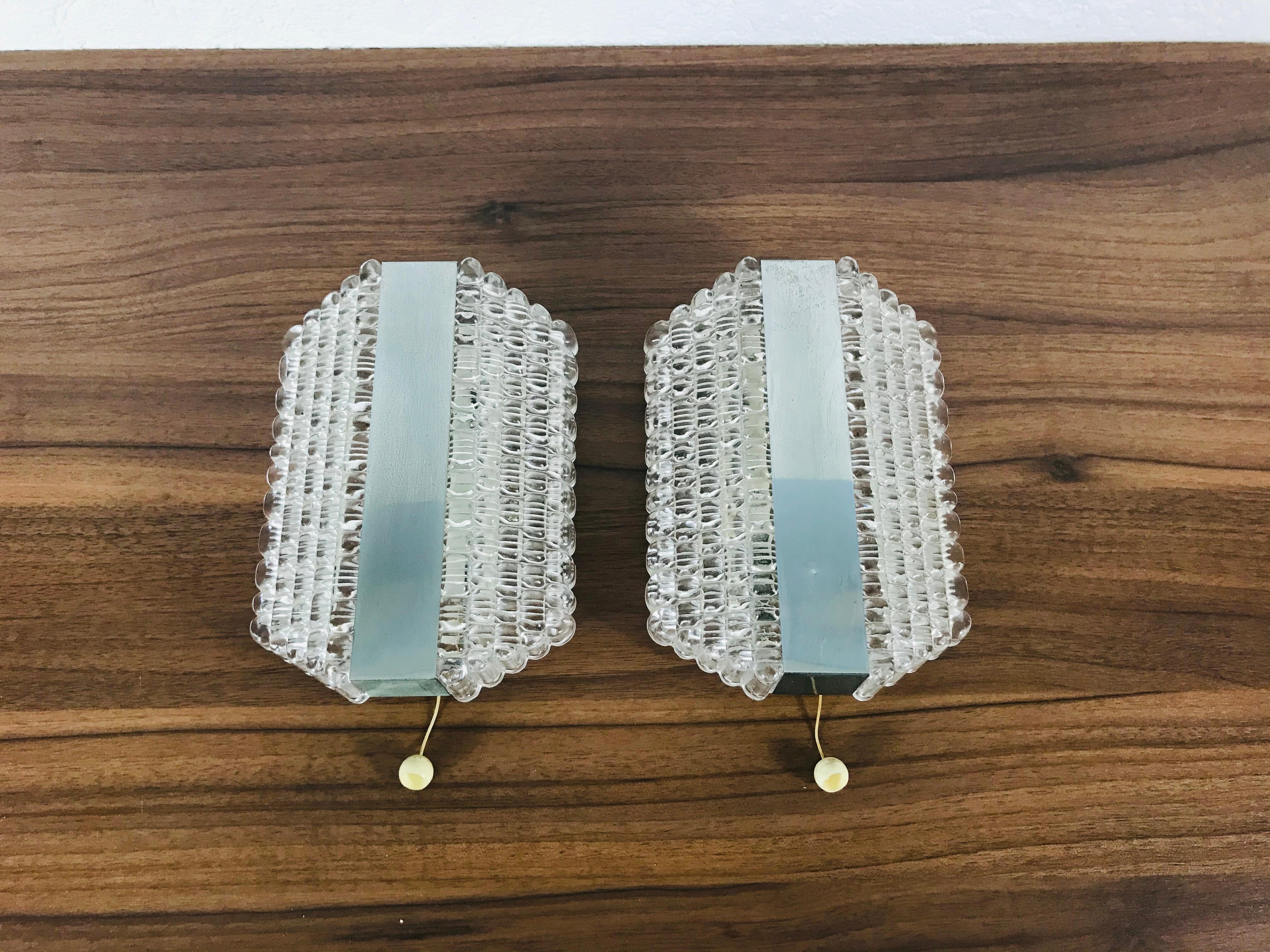 Set of 3 Metal and Glass Kaiser Midcentury Wall Lamps, 1960s, Germany For Sale 5