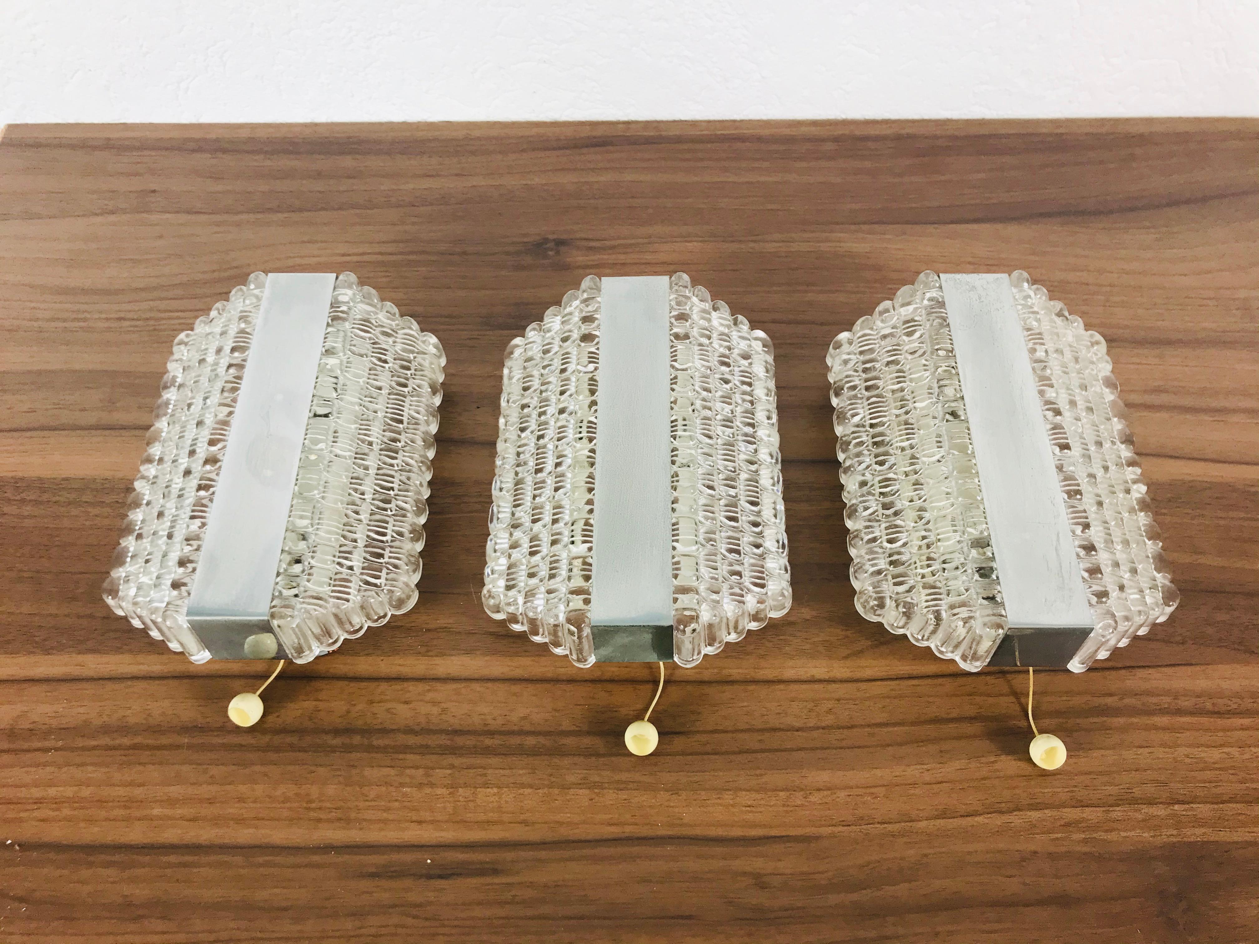 Mid-Century Modern Set of 3 Metal and Glass Kaiser Midcentury Wall Lamps, 1960s, Germany For Sale