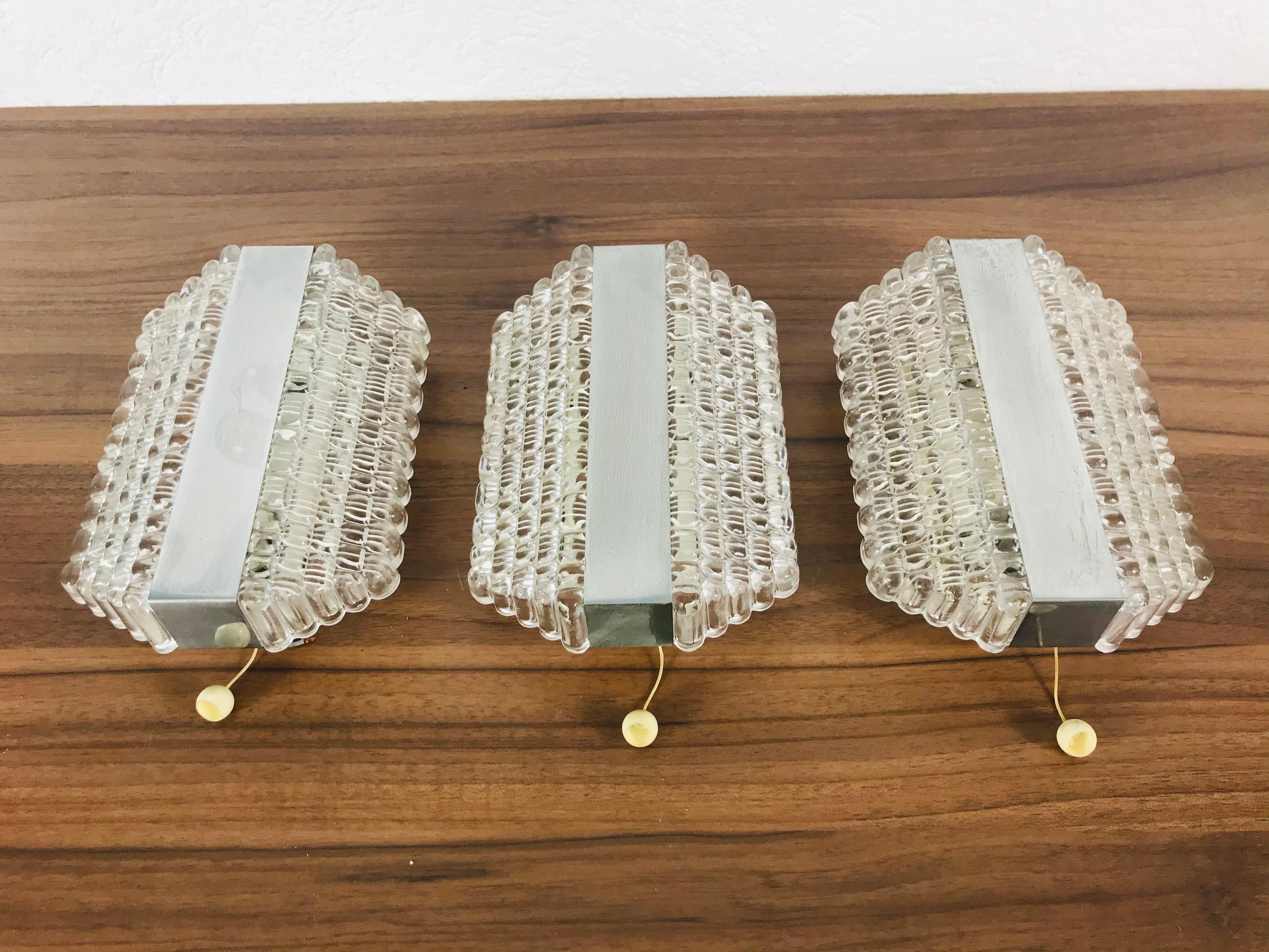 Set of 3 Metal and Glass Kaiser Midcentury Wall Lamps, 1960s, Germany For Sale 1