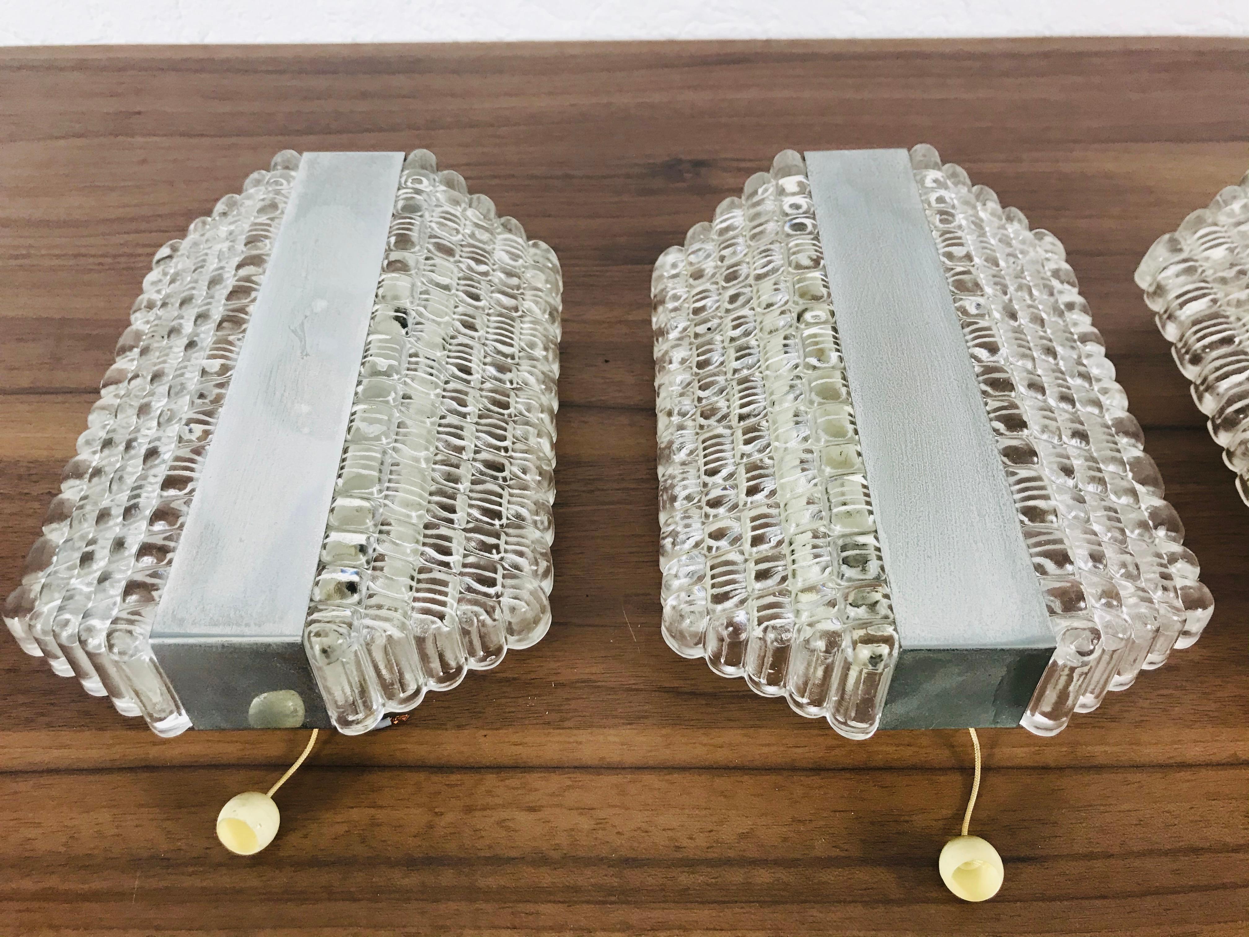 Set of 3 Metal and Glass Kaiser Midcentury Wall Lamps, 1960s, Germany For Sale 2