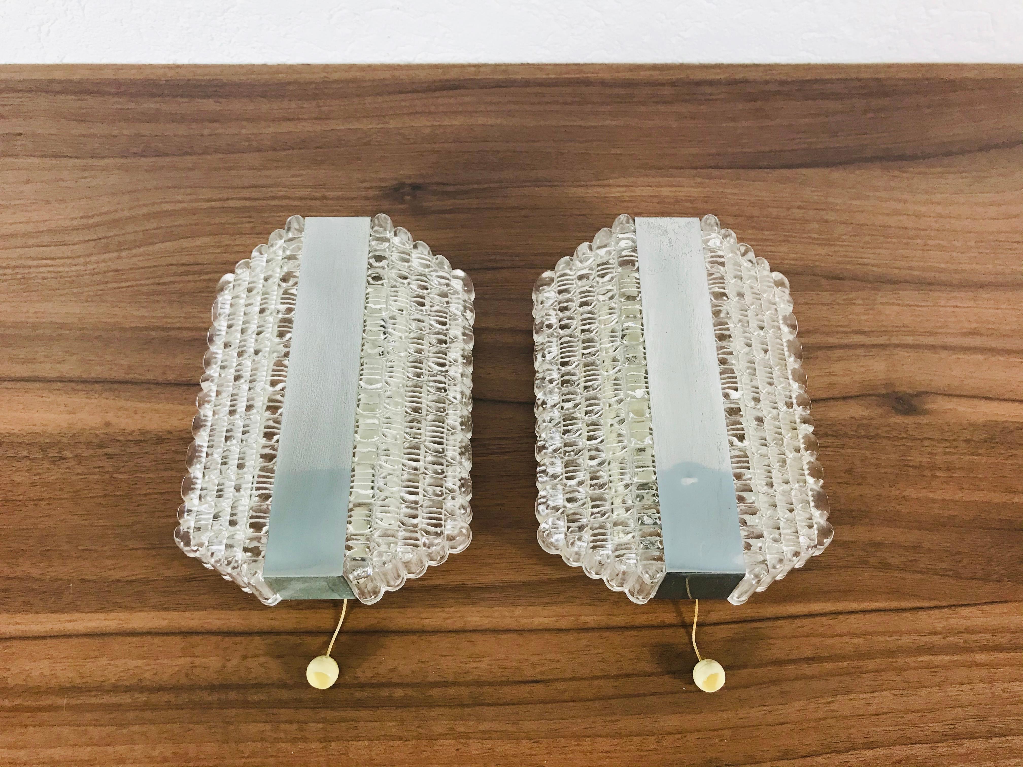 Set of 3 Metal and Glass Kaiser Midcentury Wall Lamps, 1960s, Germany For Sale 4