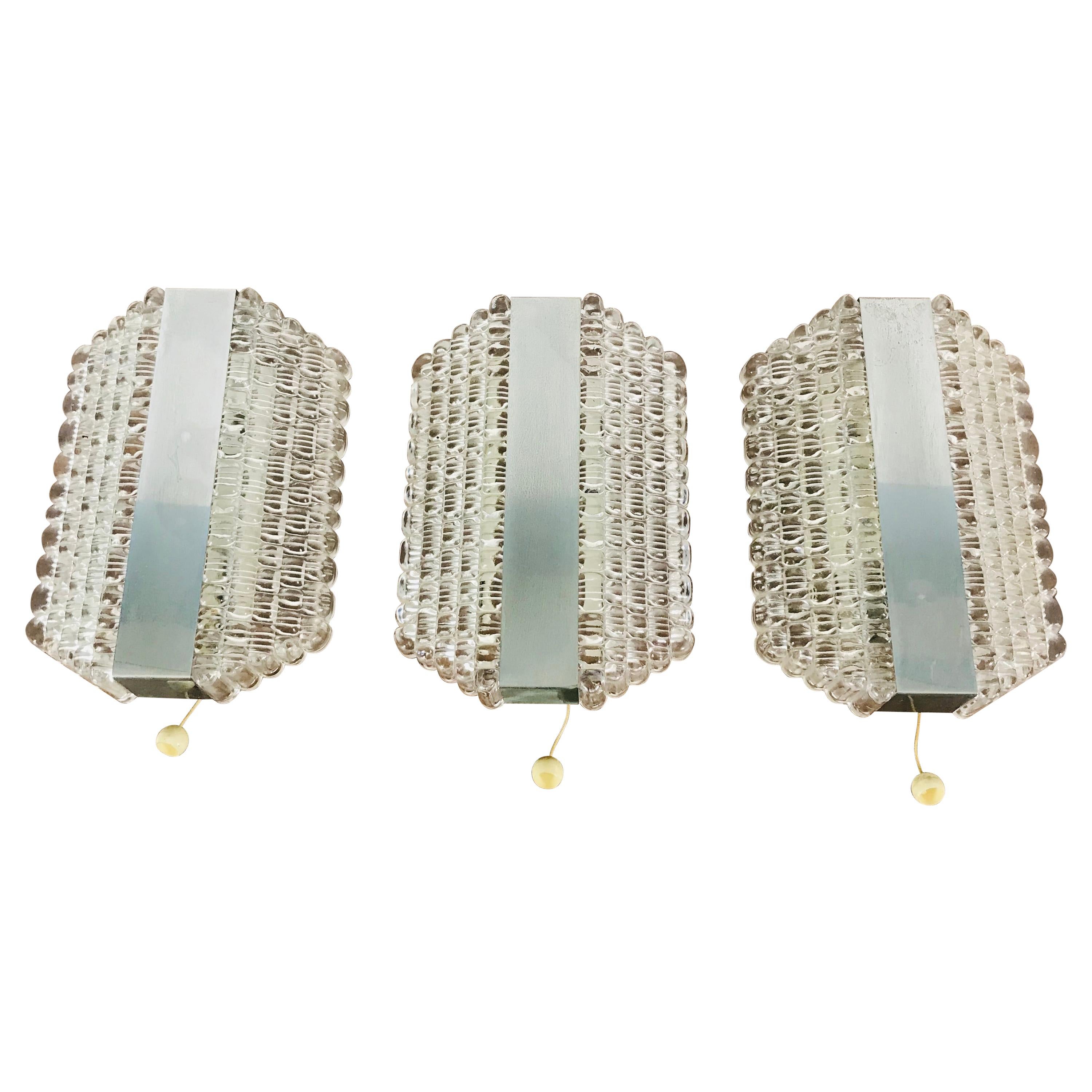 Set of 3 Metal and Glass Kaiser Midcentury Wall Lamps, 1960s, Germany