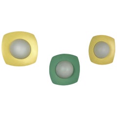 Set of 3 Metal Opaline Glass Wall Light Sconces, Yellow and Green, Italy, 1960s