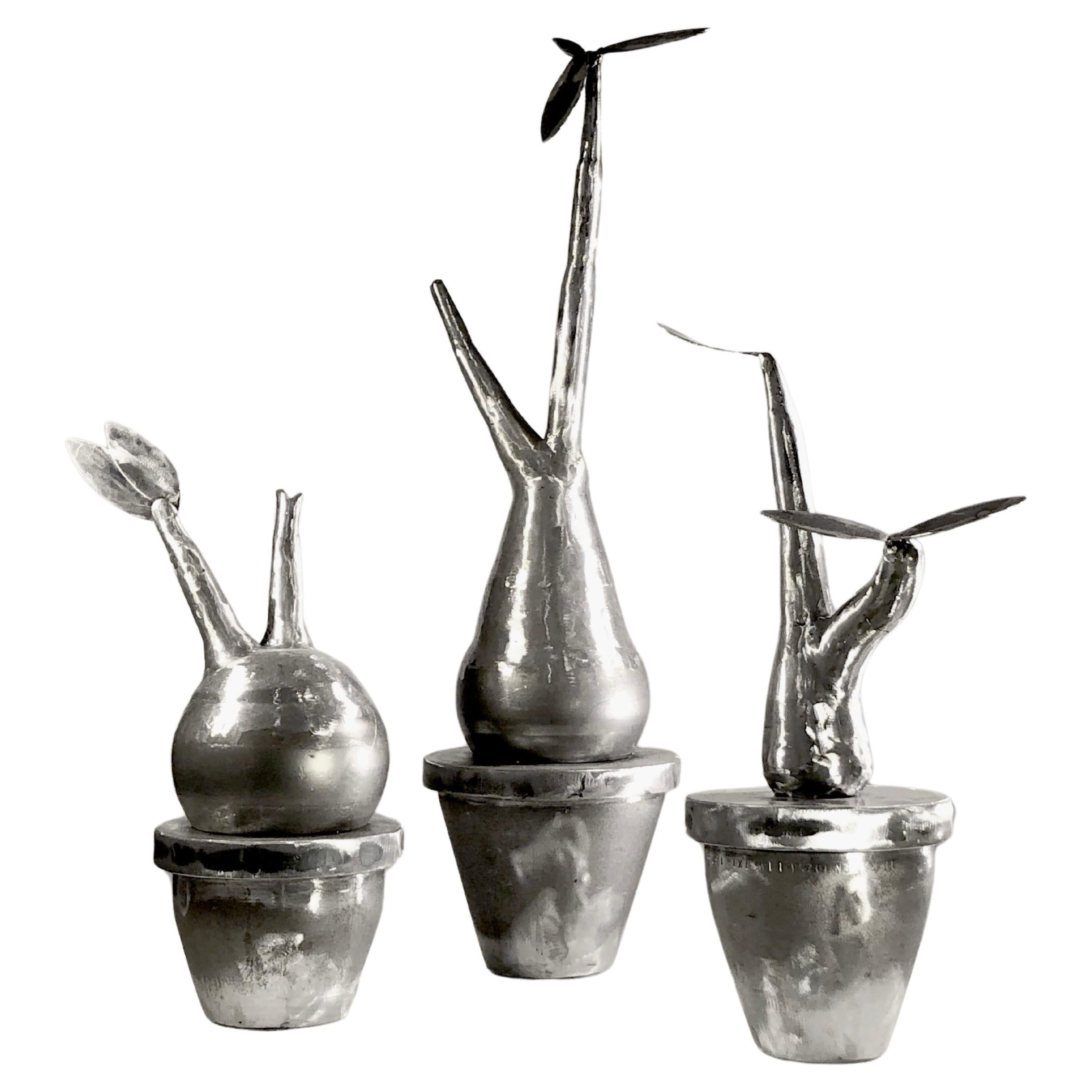 Conjunto de 3 PLANTAS de metal ESCULTURAS BRUTALISTAS contemporáneas by ESOJ France 2020