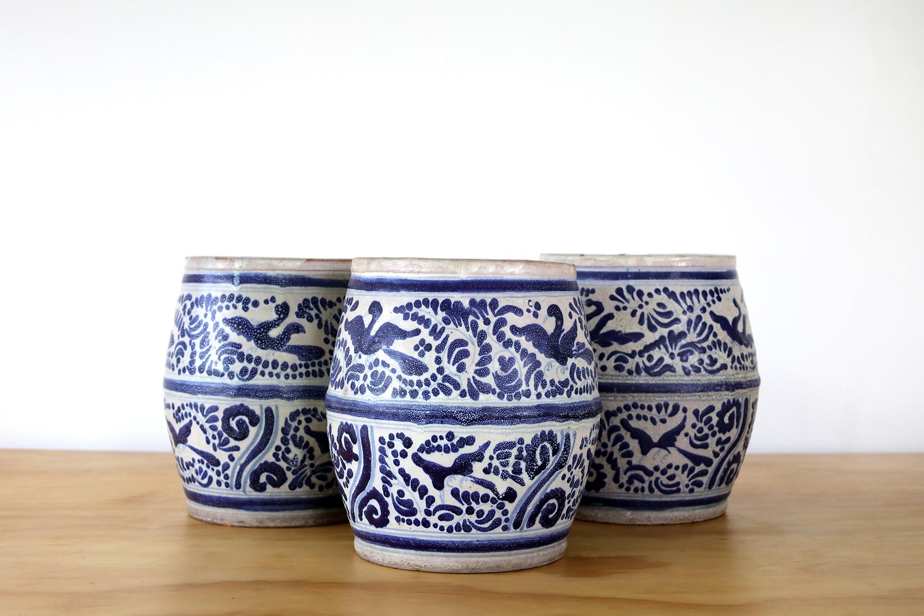 Aesthetic Movement Set of 3 Mexican Antique Flower Pot Ceramic Vases For Sale