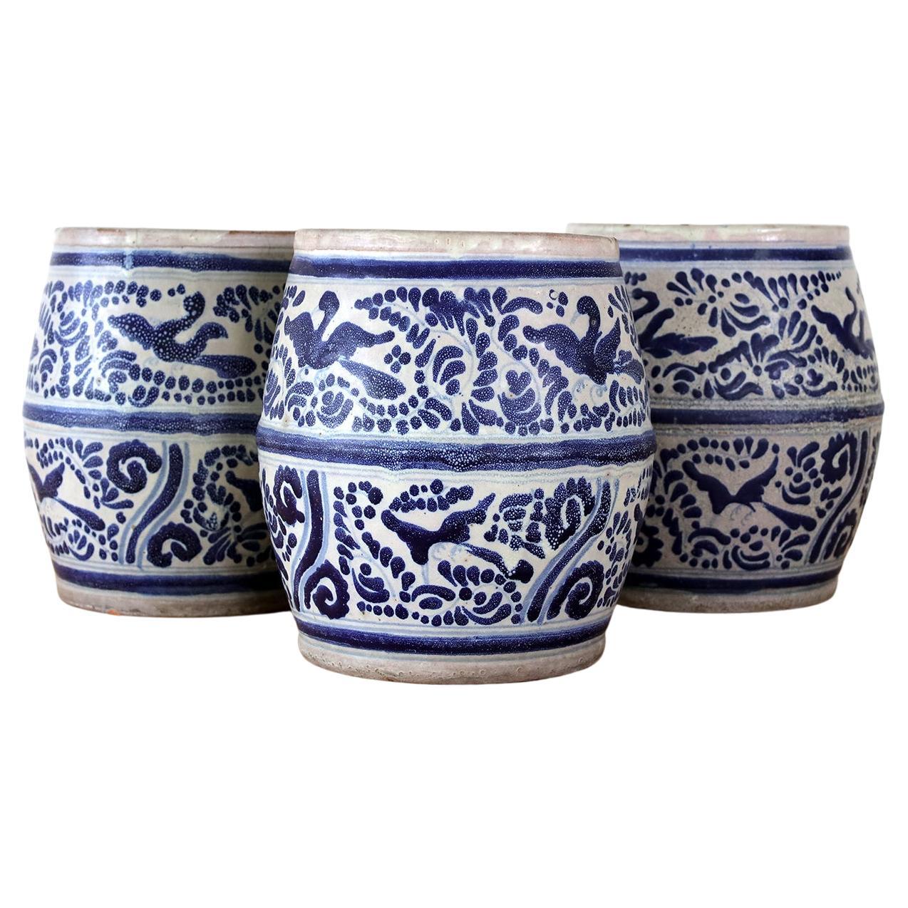 Set of 3 Mexican Antique Flower Pot Ceramic Vases For Sale