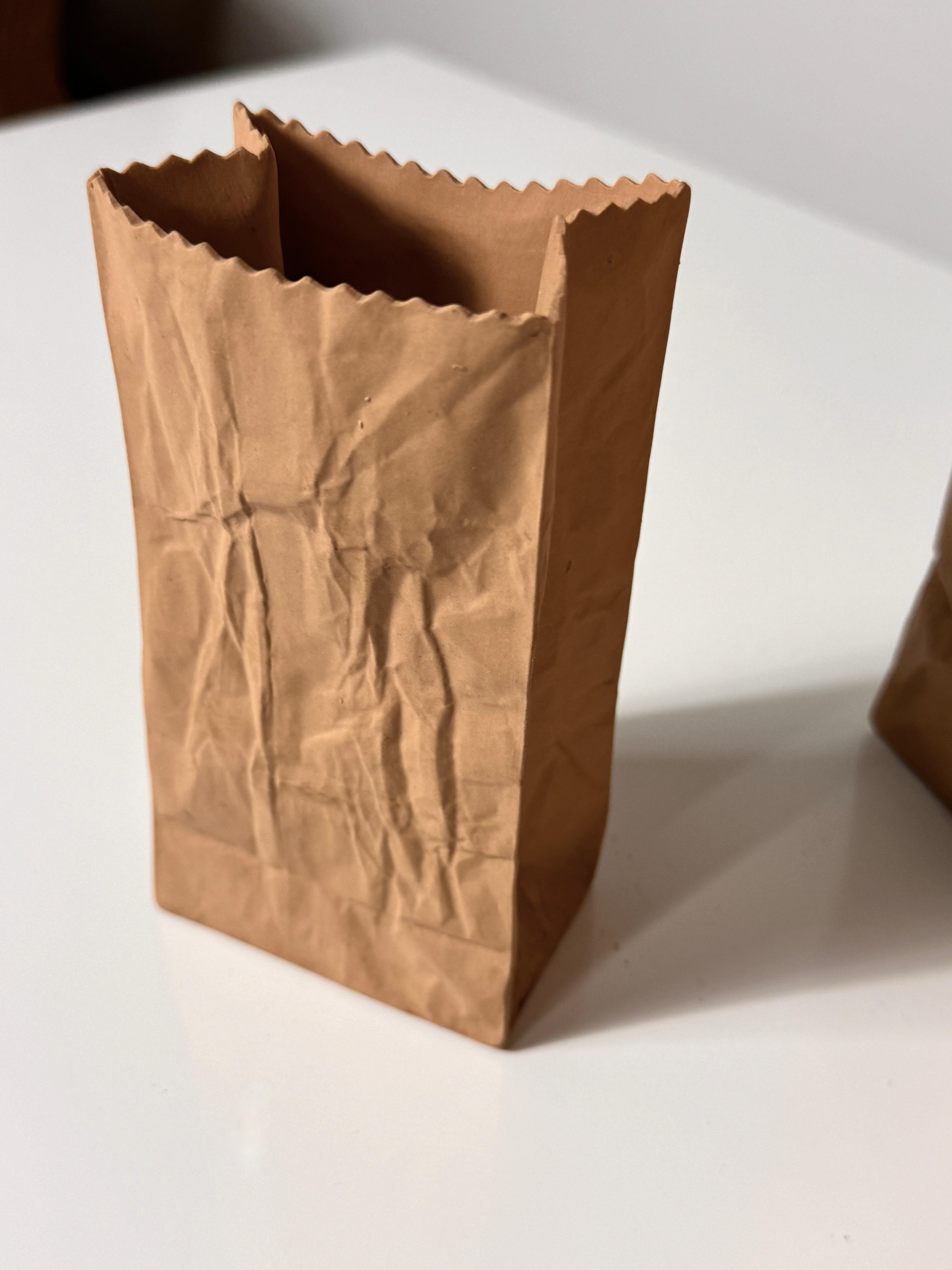 Set of 3 Michael Harvey Craft Pop Art Ceramic Paper Bag Sculpture Vases 1970s 1