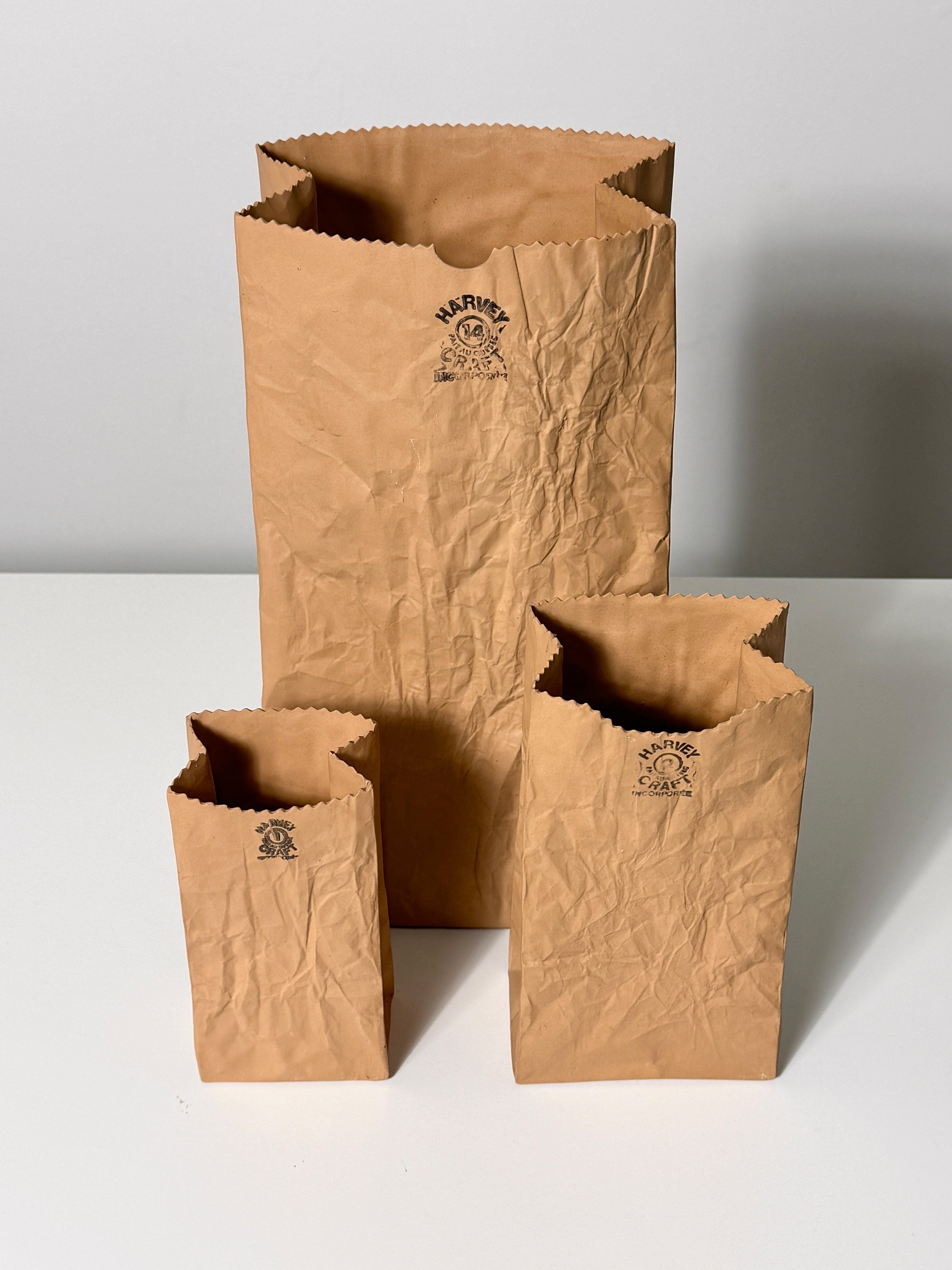 Mid-Century Modern Set of 3 Michael Harvey Craft Pop Art Ceramic Paper Bag Sculpture Vases 1970s