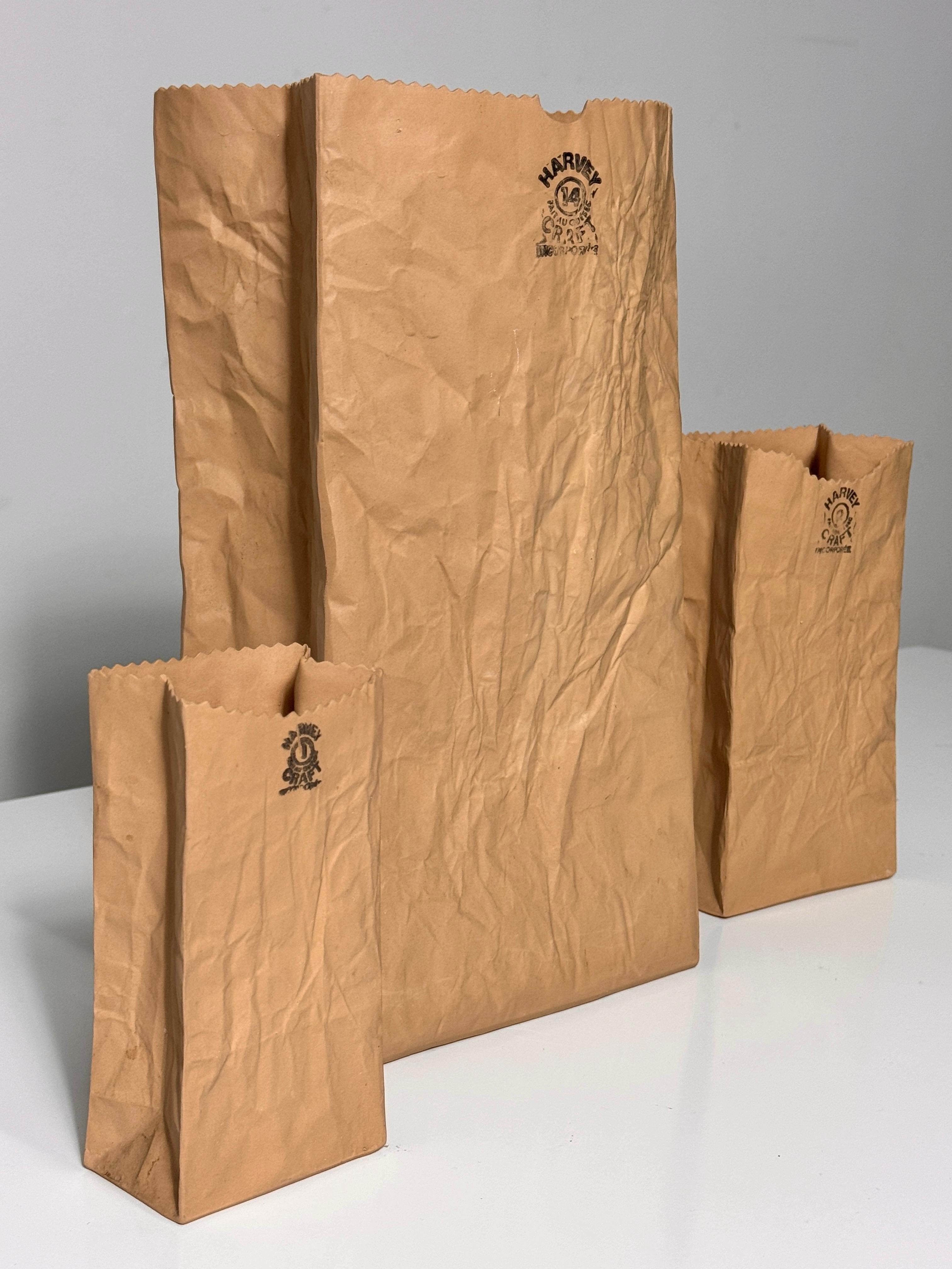 Canadian Set of 3 Michael Harvey Craft Pop Art Ceramic Paper Bag Sculpture Vases 1970s