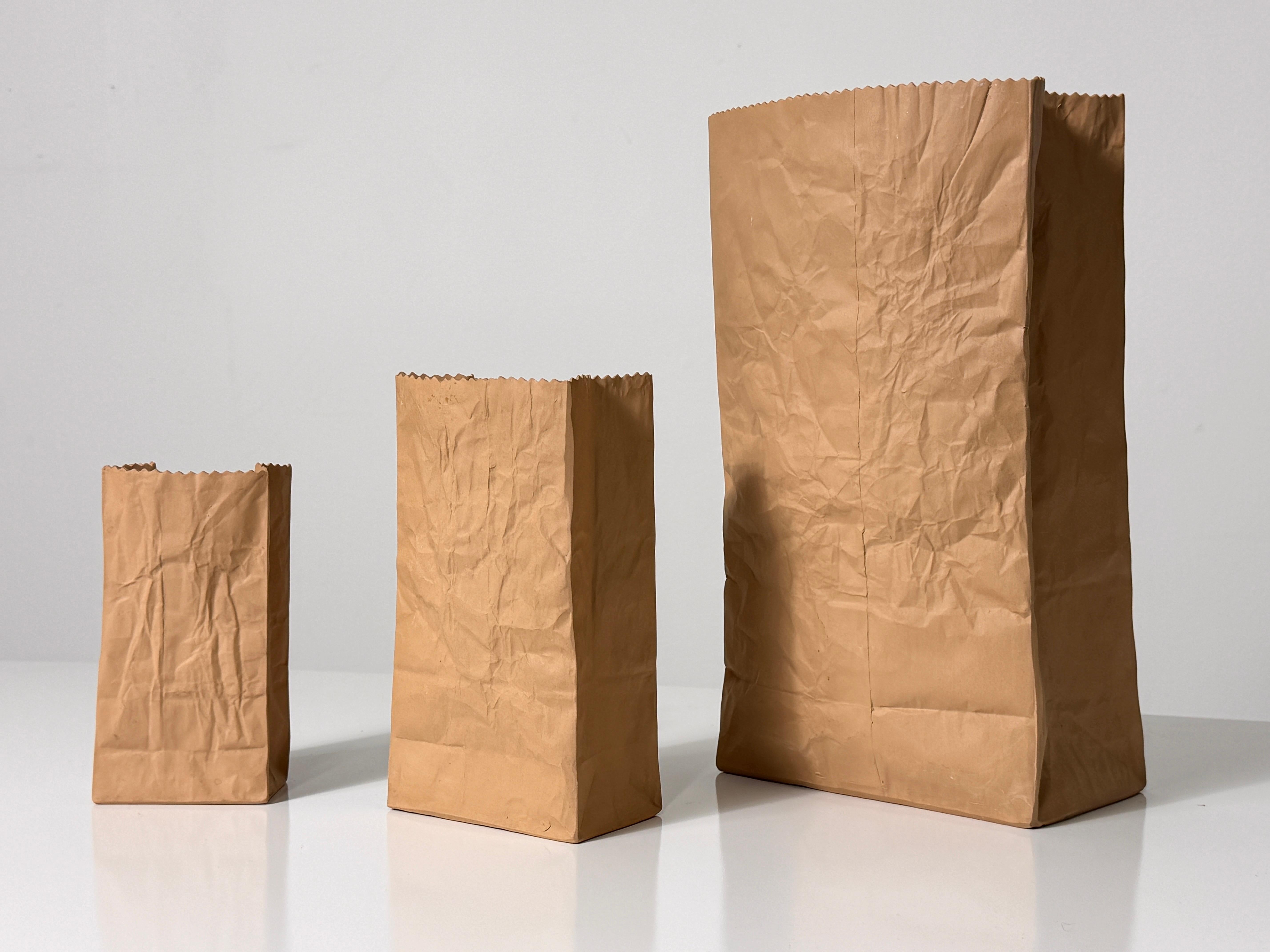 Set of 3 Michael Harvey Craft Pop Art Ceramic Paper Bag Sculpture Vases 1970s In Good Condition In Troy, MI